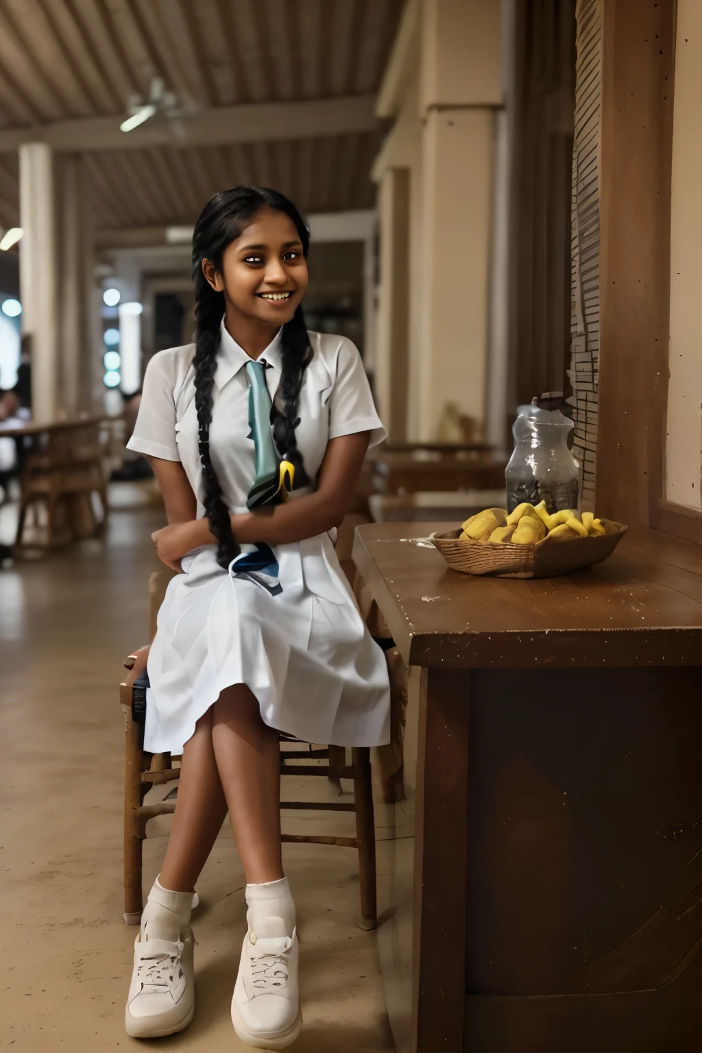 Cinematic view, photo realistic image, Sri Lankan school girl, 20 years old, wearing a white frock and a colored tie. She has plaits, black braided long black hair, tanned color, natural skin, Sri Lankan girl, sitting in a chair, cross legs, wearing short socks and sneakers, smiling, night bar, at night bar, hands on the table, view away of the camera, portrait photo, depth of field. vintage filter, thinking about something, deep thinking mood, photography