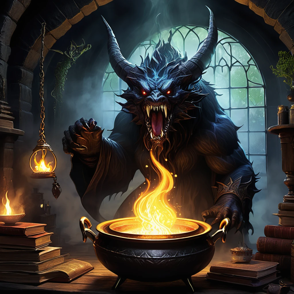 (best quality:1.2,ultra-detailed,realistic:1.37),monster,behemoth,demonic presence,magic,levitating cookbook,central eye, enormous eye,sinister,cauldron,fire,adventurers,caged,Dungeons&Dragons,menacing,shadowy,restrained,magical aura,creepy atmosphere,ominous,spellbound,mystical,enchanted,spell-casting,monstrous,dark fantasy,dimly lit,struggling,wizardry,unearthly,hovering,menacing presence,enchanting recipe,sorcery,spells,conjured,terrifying magics,runic symbols,mythical,mysterious,unleashing power