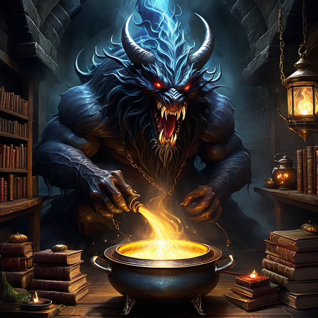(best quality:1.2,ultra-detailed,realistic:1.37),monster,behemoth,demonic presence,magic,levitating cookbook,central eye, enormous eye,sinister,cauldron,fire,adventurers,caged,Dungeons&Dragons,menacing,shadowy,restrained,magical aura,creepy atmosphere,ominous,spellbound,mystical,enchanted,spell-casting,monstrous,dark fantasy,dimly lit,struggling,wizardry,unearthly,hovering,menacing presence,enchanting recipe,sorcery,spells,conjured,terrifying magics,runic symbols,mythical,mysterious,unleashing power