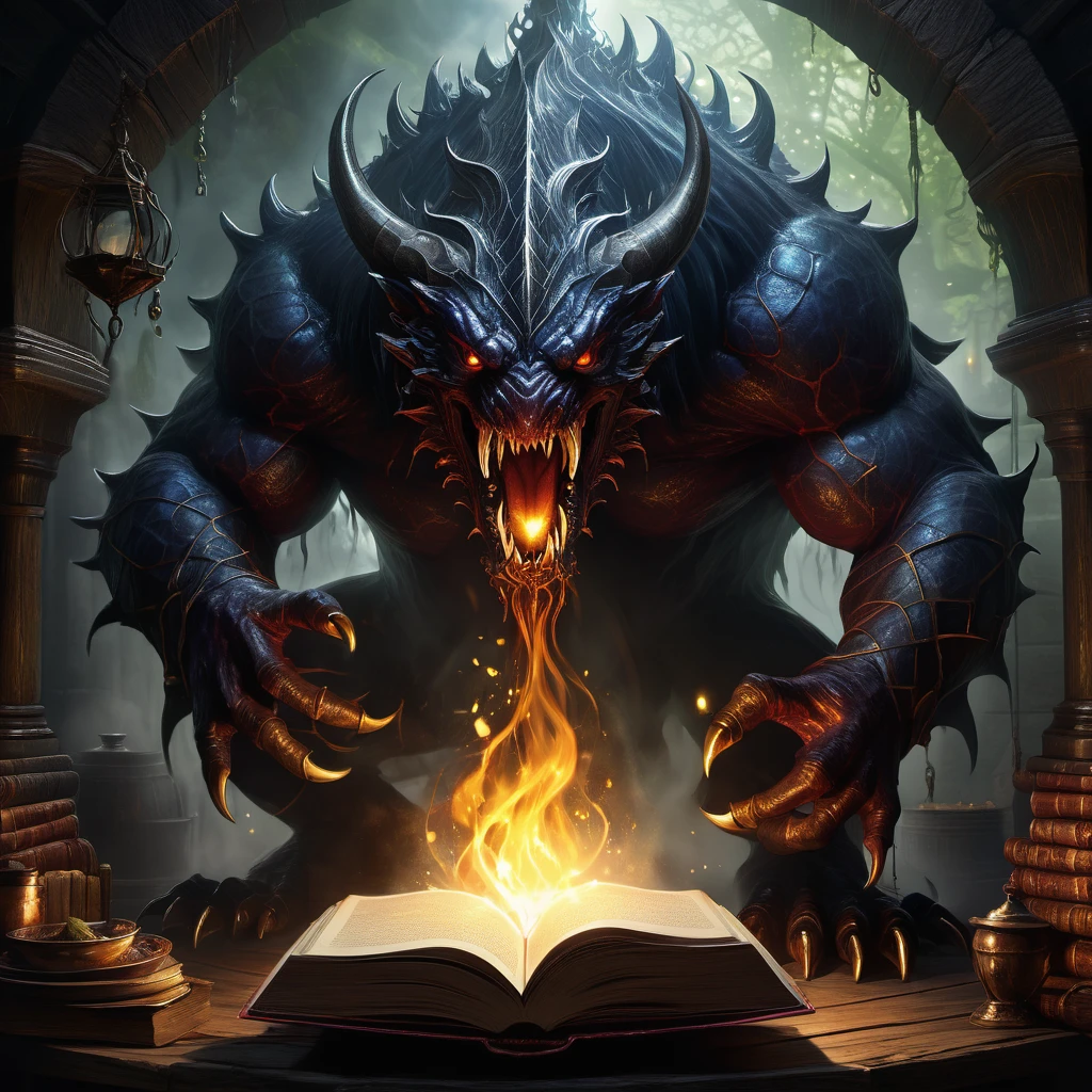 (best quality:1.2,ultra-detailed,realistic:1.37),monster,behemoth,demonic presence,magic,levitating cookbook,central eye, enormous eye,sinister,cauldron,fire,adventurers,caged,Dungeons&Dragons,menacing,shadowy,restrained,magical aura,creepy atmosphere,ominous,spellbound,mystical,enchanted,spell-casting,monstrous,dark fantasy,dimly lit,struggling,wizardry,unearthly,hovering,menacing presence,enchanting recipe,sorcery,spells,conjured,terrifying magics,runic symbols,mythical,mysterious,unleashing power