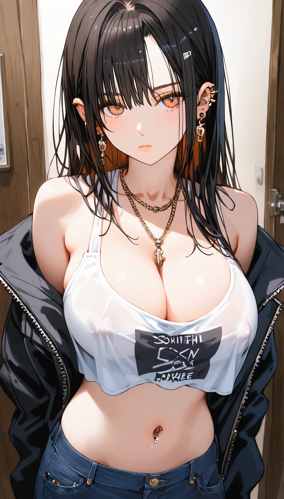 Being held around the waist，wall bang，(high quality,ultra-detailed,realistic:1.37),1girl ,linked piercing，（from above：1.8），linked piercing close-up ，(Don&#39;t look at the camera：2.0)，，expressionless，Interlocking earring piercing，micro T shirt，((Hemispherical breasts))，No sagging breasts，(Incredible breasts:1.2)，nipple bulge，(Southern Hemisphere:1.8)，bare shoulders，Naked trench，clavicle，1girl ,linked piercing，
