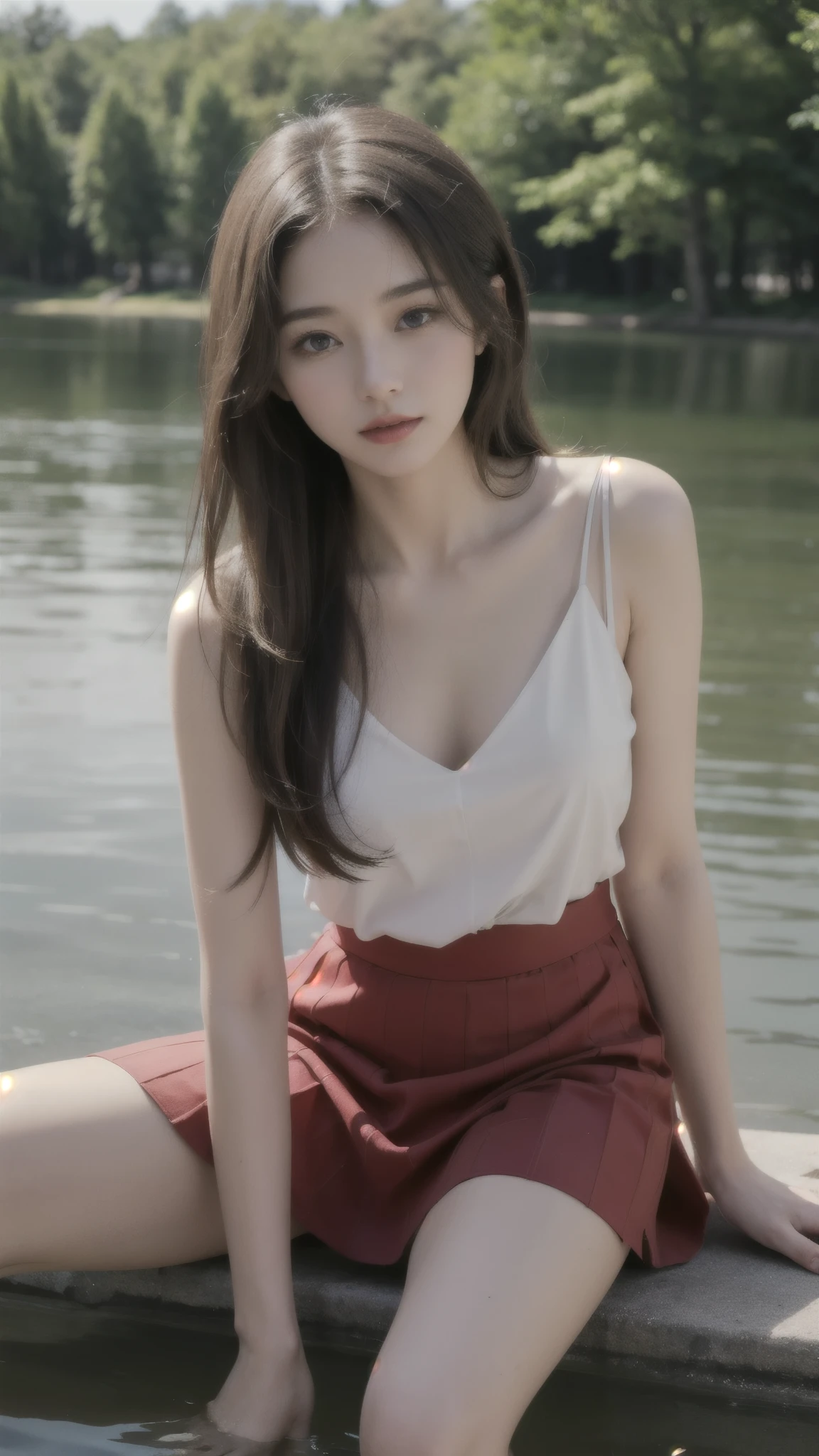 high-definition image, eyes realistic sizing, realistic skin, drooping eyes, smiling, ecstasy face, unbuttoned various patterned feminine casual dress, braid, old fashion, in the park, fall on her butt in the pond, skyscrapers, boat,
