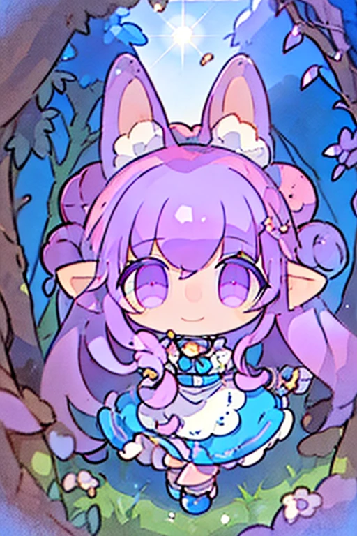 #Quality(8k,best quality,masterpiece,cinematic),solo, #1 girl(cute, kawaii,,cosmic hair,hairbow,hair bun,purple eyes,wearing alice dress,mouce ear,big eyes,smile,walking in a forest),#background(forest, dappled sunlight)