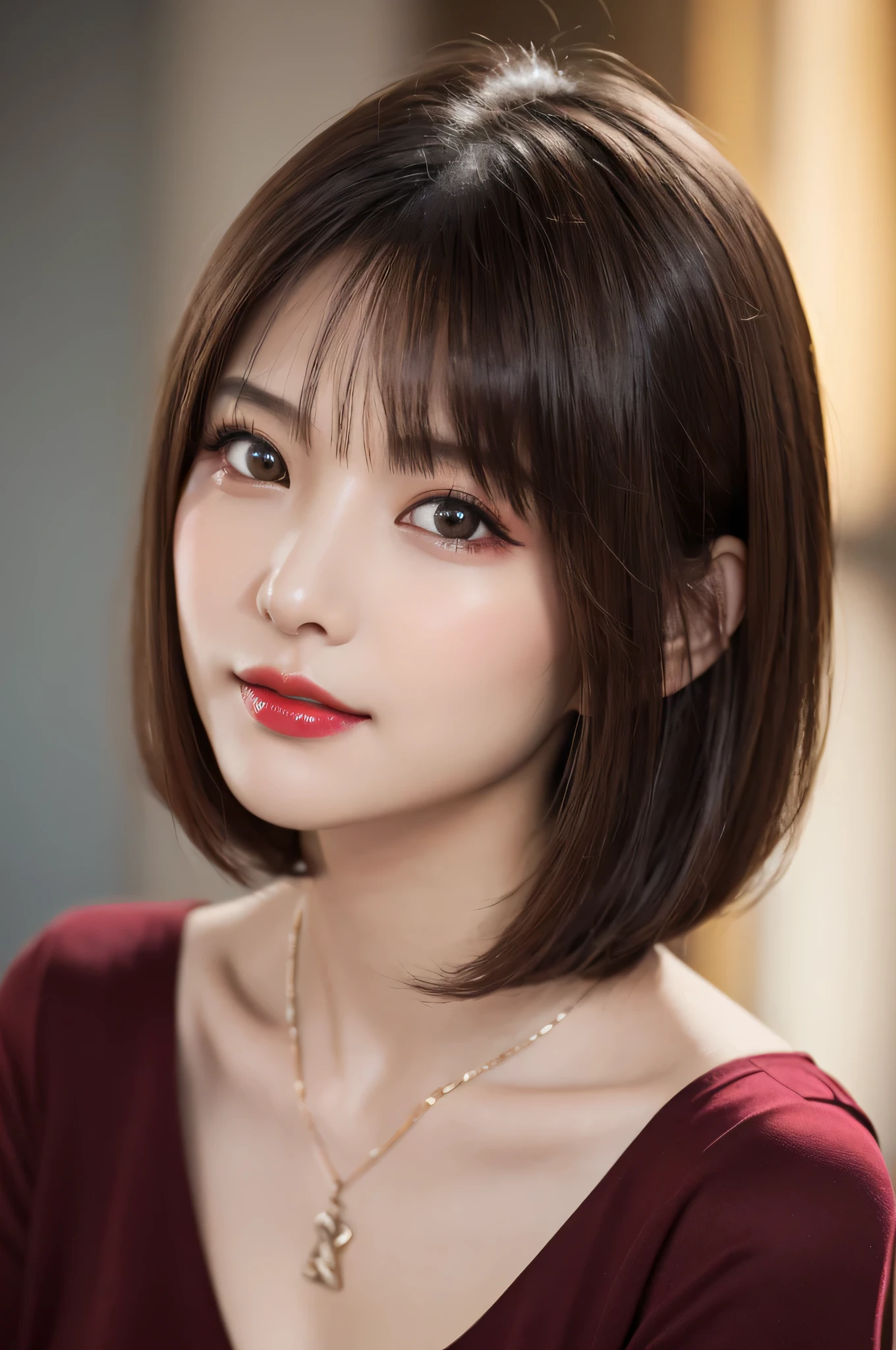 (highest quality、table top、8k、best image quality、Award-winning work)、(one young girl, 14 years old:1.3)、(Perfect V-neck red long knit sweater:1.2)、(red eyeshadow:1.2)、perfect makeup、long eyelashes、Super high-definition sparkling eyes、ultra high definition hair、ultra high resolution glossy lips、Super high resolution perfect teeth、Super high resolution cute face、brown hair、(very short straight hair:1.1)、look at me and smile、[clavicle]、accurate anatomy、(close up of face:1.5)、Luxury love hotel、(The most moody warm lighting:1.2)、blurred background、With bangs、Super high-resolution glossy and moisturized face、Super high resolution glowing skin、most detailed face、Ultra high resolution detailed faces、ultra high resolution hair、Super high resolution sparkling eyes、Beautiful face drawn in every detail、Super high resolution glossy red lips、big breasts、cleavage、Fashionable necklaces