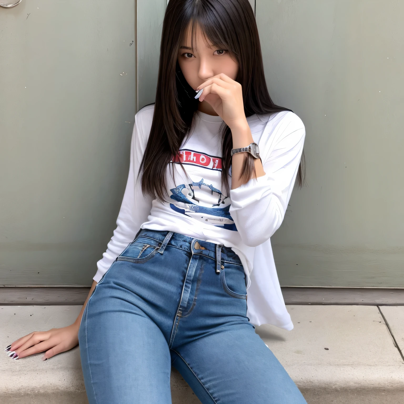 a girl wearing tight jeans who has a habit of biting her nails.