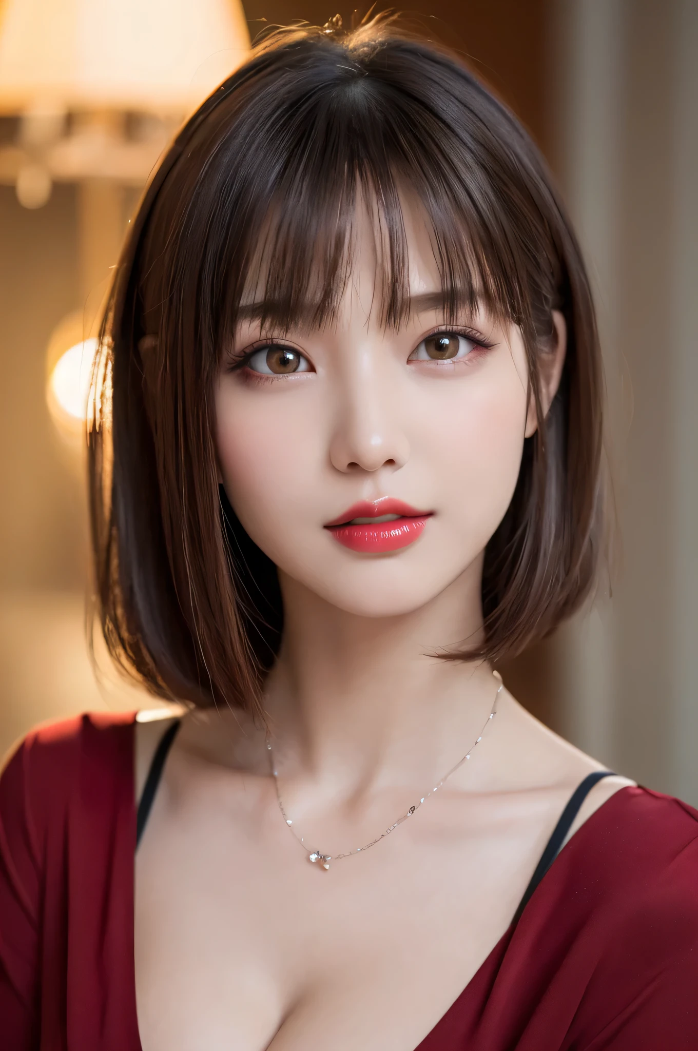 (highest quality、table top、8k、best image quality、Award-winning work)、(one young girl, :1.3)、(Perfect V-neck red long knit sweater:1.2)、(red eyeshadow:1.2)、perfect makeup、long eyelashes、Super high-definition sparkling eyes、ultra high definition hair、ultra high resolution glossy lips、Super high resolution perfect teeth、Super high resolution cute face、brown hair、(very short straight hair:1.1)、look at me and smile、[clavicle]、accurate anatomy、(close up of face:1.5)、Luxury love hotel、(The most moody warm lighting:1.2)、blurred background、With bangs、Super high-resolution glossy and moisturized face、Super high resolution glowing skin、most detailed face、Ultra high resolution detailed faces、ultra high resolution hair、Super high resolution sparkling eyes、Beautiful face drawn in every detail、Super high resolution glossy red lips、big breasts、cleavage、Fashionable necklaces