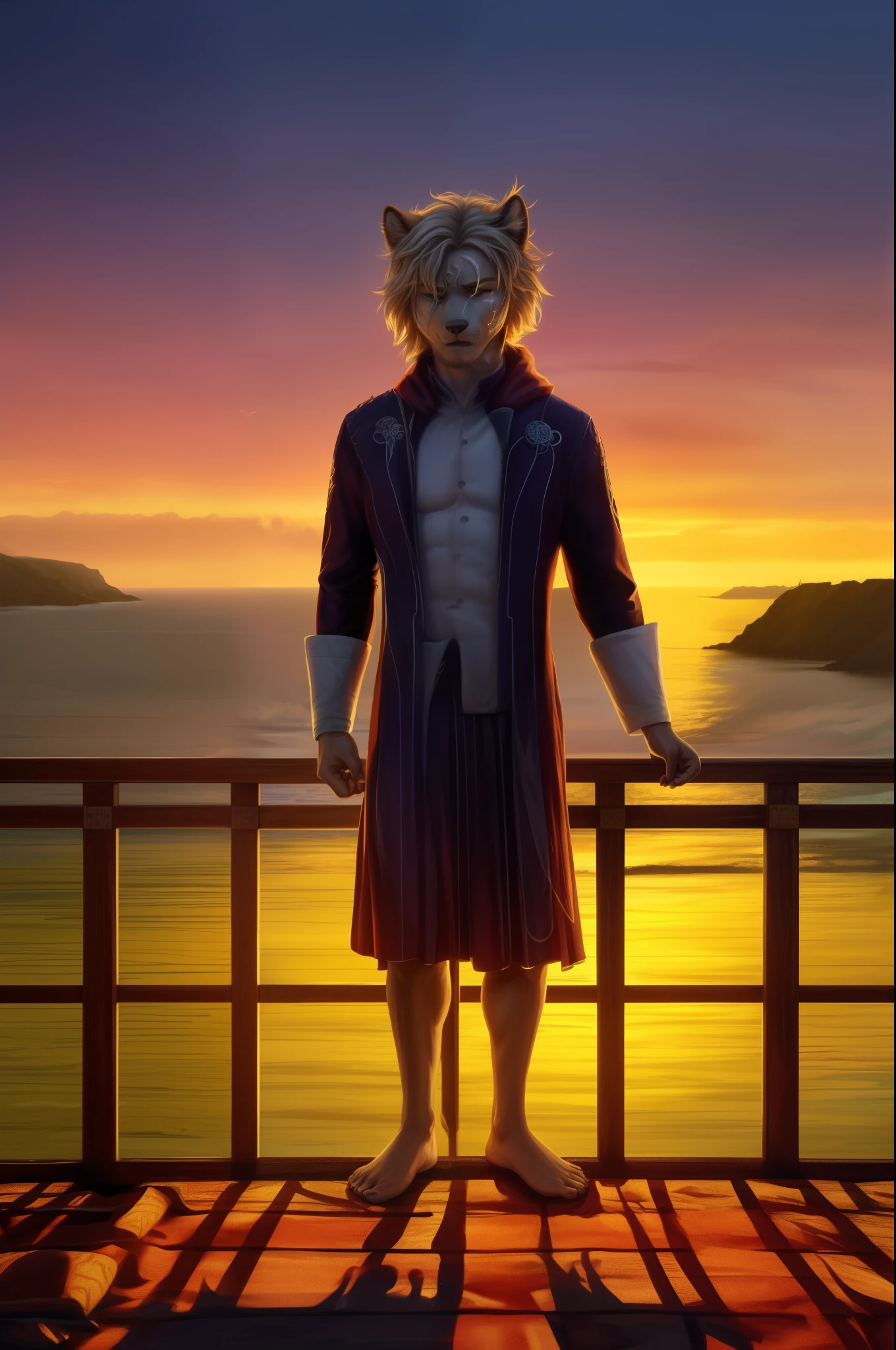 (((Barefoot furry character, full body, cinematic setting, male)))
Masquerading as a man with a reason.
My charade is the event of the season
and if I claim to be a wise man, well
it surely means that I don't know.
On a stormy sea of moving emotion
tossed about I'm like a ship on the ocean.
I set a course for winds of fortune,
but I hear the voices say:
(Carry on my wayward son.)
(There'll be peace when you are done.)
(Lay your weary head to rest.)
(Don't you cry no more.)
BREAK, detailed background (modern lab), 8K, (masterpiece:1.5), intricate details, highly detailed, extreme detail, octane render, fine art, best quality, highres, (detailed face:1.5), ((full_body)), UHD, (((perfect hands)))