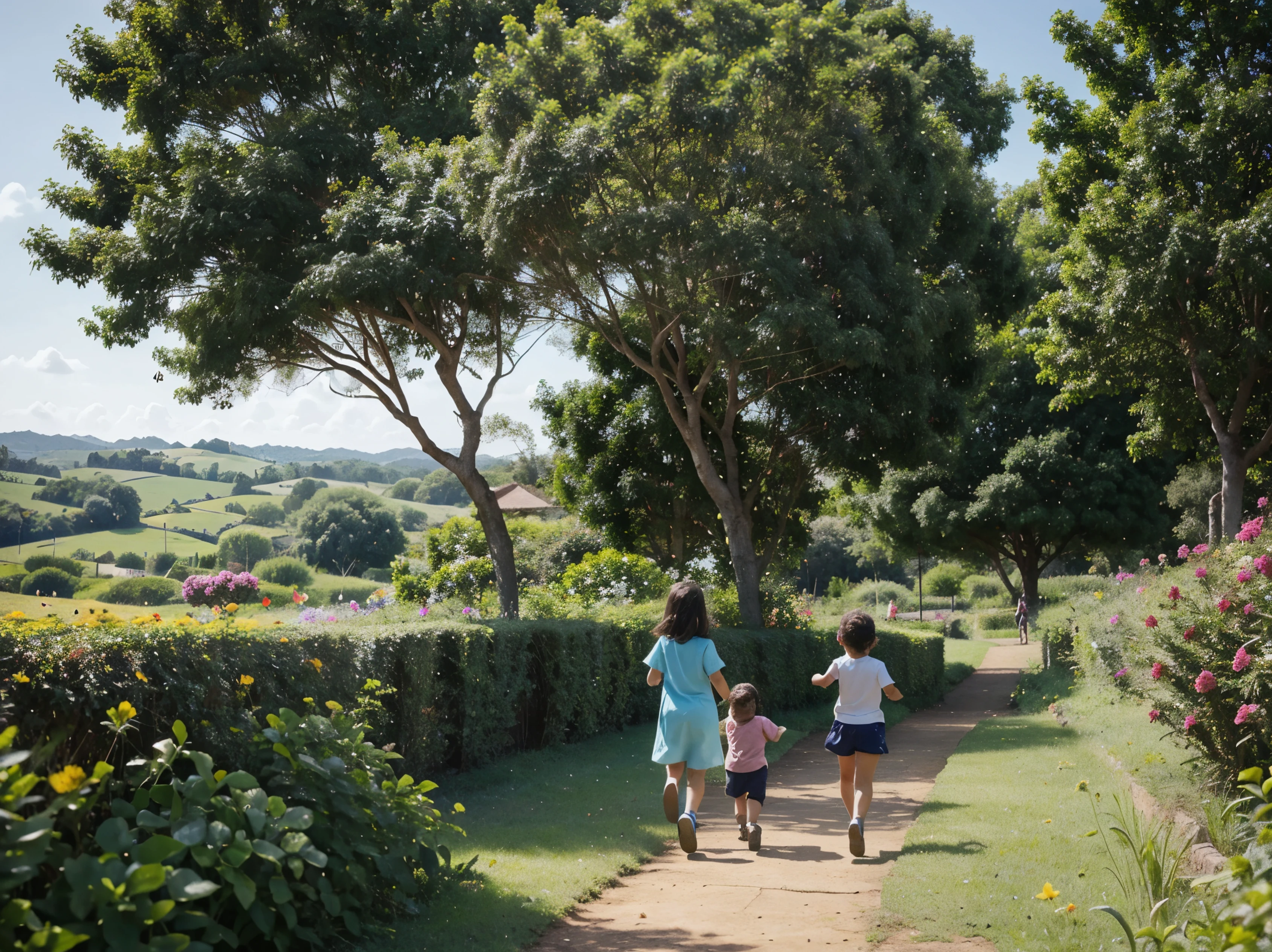 "Children chasing butterflies through a vibrant tree garden, against the backdrop of rolling hills and a serene blue sky."