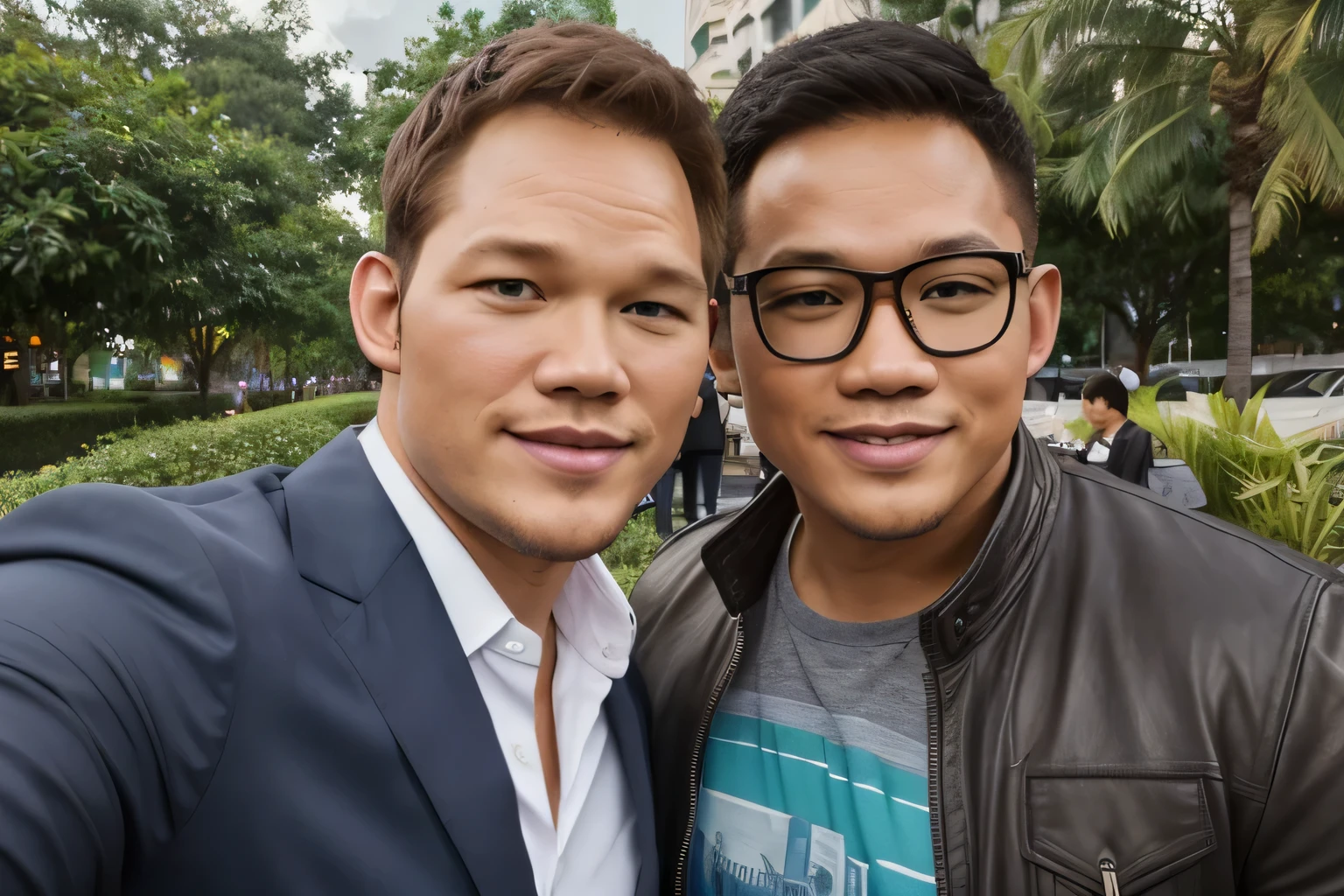 (Best quality, 8k, 32k, Masterpiece, UHD:1.2) "Generate an image featuring a chubby Filipino man with short black hair and eyeglasses, standing next to a celebrity ladies of Chris Pratt ((Chris Pratt)). Both individuals are posing together and smiling as if taking a selfie.
Ensure that the chubby Filipino man's appearance is depicted accurately, with attention to his facial features and physique. Emphasize his friendly and jovial demeanor through his expression and body language.
The celebrity should be recognizable and exude a sense of warmth and approachability. Depict them in stylish attire suitable for a casual gathering or event.
Create a backdrop that complements the setting, such as a trendy urban environment or a bustling public space. Incorporate elements that enhance the scene's jovial atmosphere, such as colorful decorations or festive lighting.
Capture the interaction between the two individuals authentically, conveying a sense of camaraderie and shared enjoyment." ((Filipino Man))