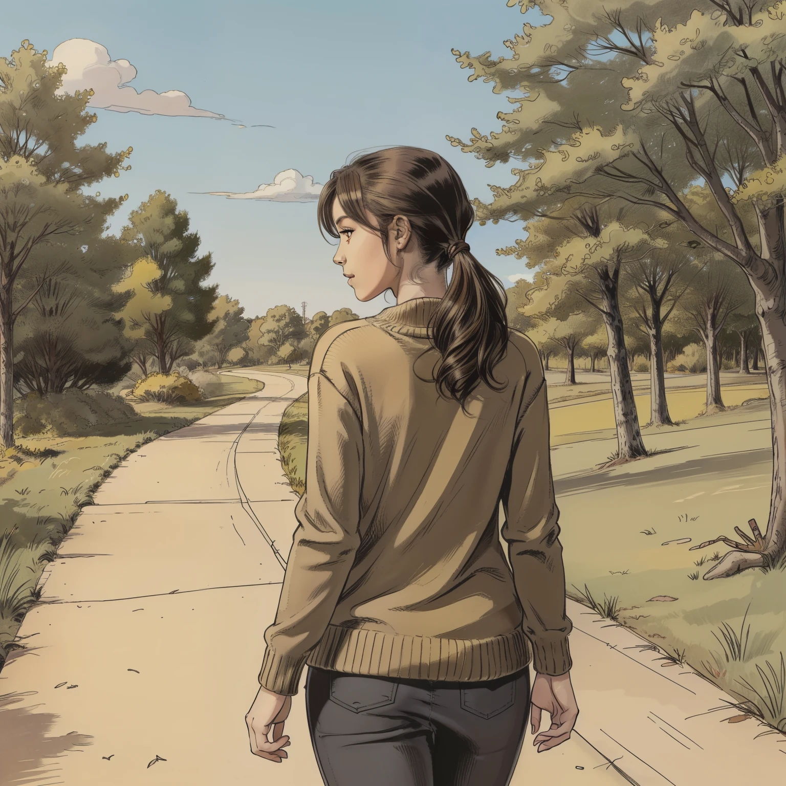 a 21 years old cute girl and wearing a yellow colored sweater walking on a pathway . Every line and shading brings out her distinctive features. The background showcases a blue sky, with trees everywhere. (her backside will be visible)