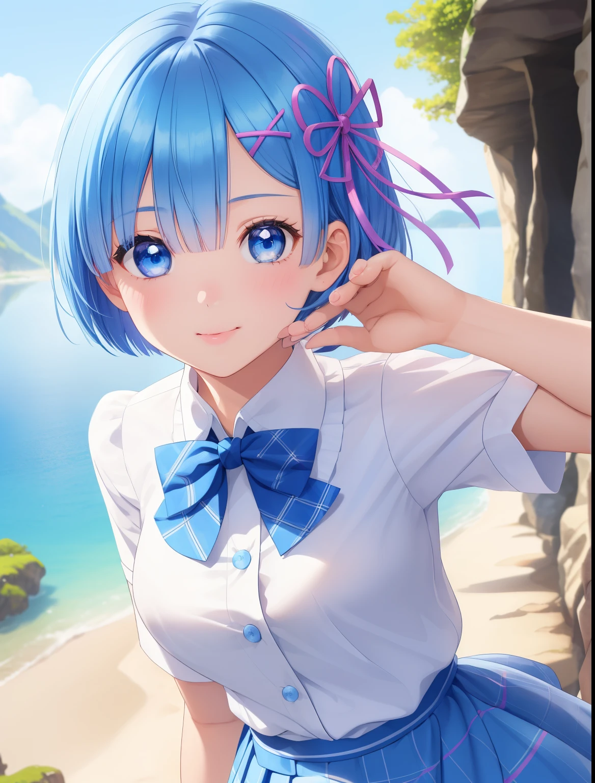 1girl, rem re zero,Short hair, Walk, smile,look at viewer,blue hair, blue eyes, Short,Hands in mouth, pouting lips, cave background,white shirt, blue plaid skirt, Bow tie, blue checkered tie,,close up photo,ultra detail, ultra hd