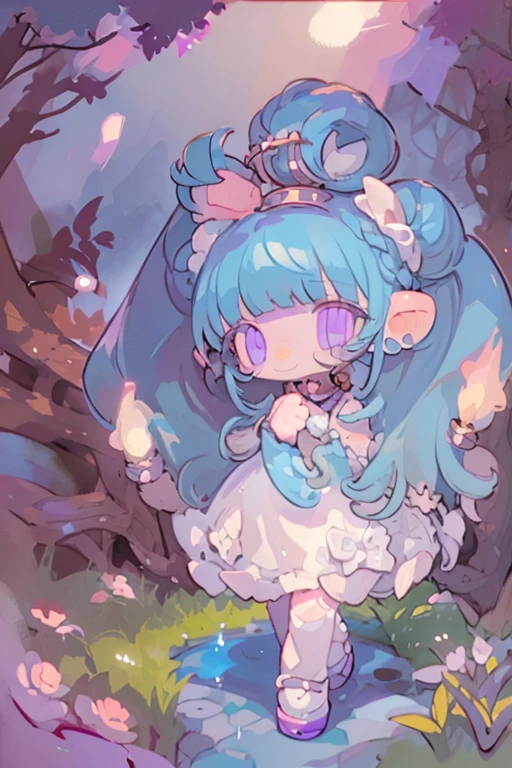 #Quality(8k,best quality,masterpiece,cinematic),solo, #1 girl(cute, kawaii,,cosmic hair,hairbow,hair bun,purple eyes,wearing alice dress,mouce ear,big eyes,smile,walking in a forest),#background(forest, dappled sunlight)