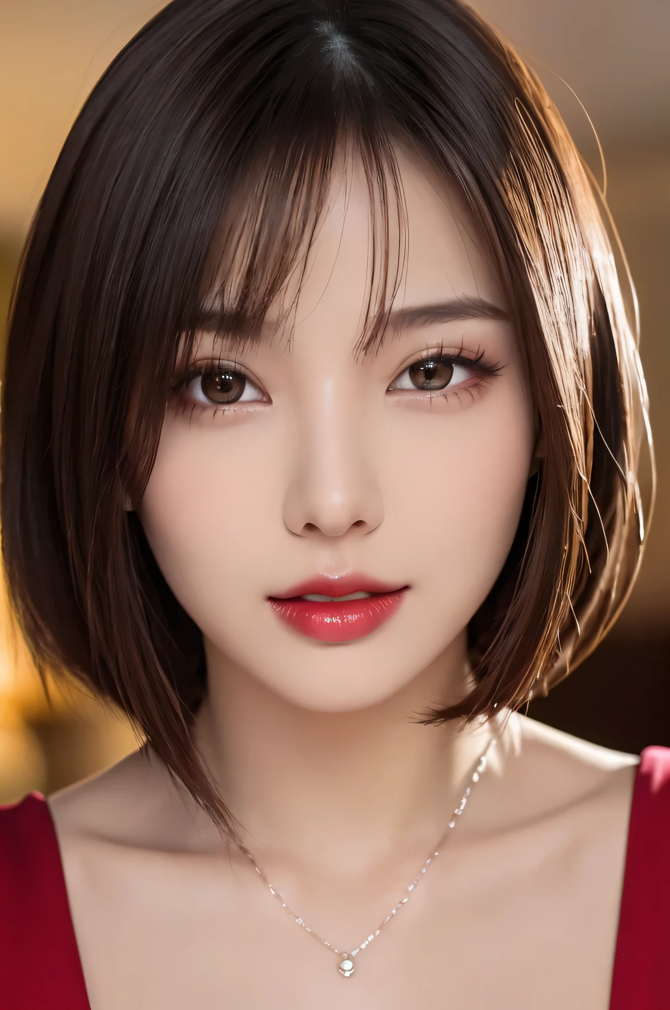 (highest quality、table top、8k、best image quality、Award-winning work)、(one young girl, ************:1.3)、(Perfect V-neck red long knit sweater:1.2)、(red eyeshadow:1.2)、perfect makeup、long eyelashes、Super high-definition sparkling eyes、ultra high definition hair、ultra high resolution glossy lips、Super high resolution perfect teeth、Super high resolution cute face、brown hair、(very short straight hair:1.1)、look at me and smile、[clavicle]、accurate anatomy、(close up of face:1.5)、Luxury love hotel、(The most moody warm lighting:1.2)、blurred background、With bangs、Super high-resolution glossy and moisturized face、Super high resolution glowing skin、most detailed face、Ultra high resolution detailed faces、ultra high resolution hair、Super high resolution sparkling eyes、Beautiful face drawn in every detail、Super high resolution glossy red lips、big breasts、cleavage、Fashionable necklaces