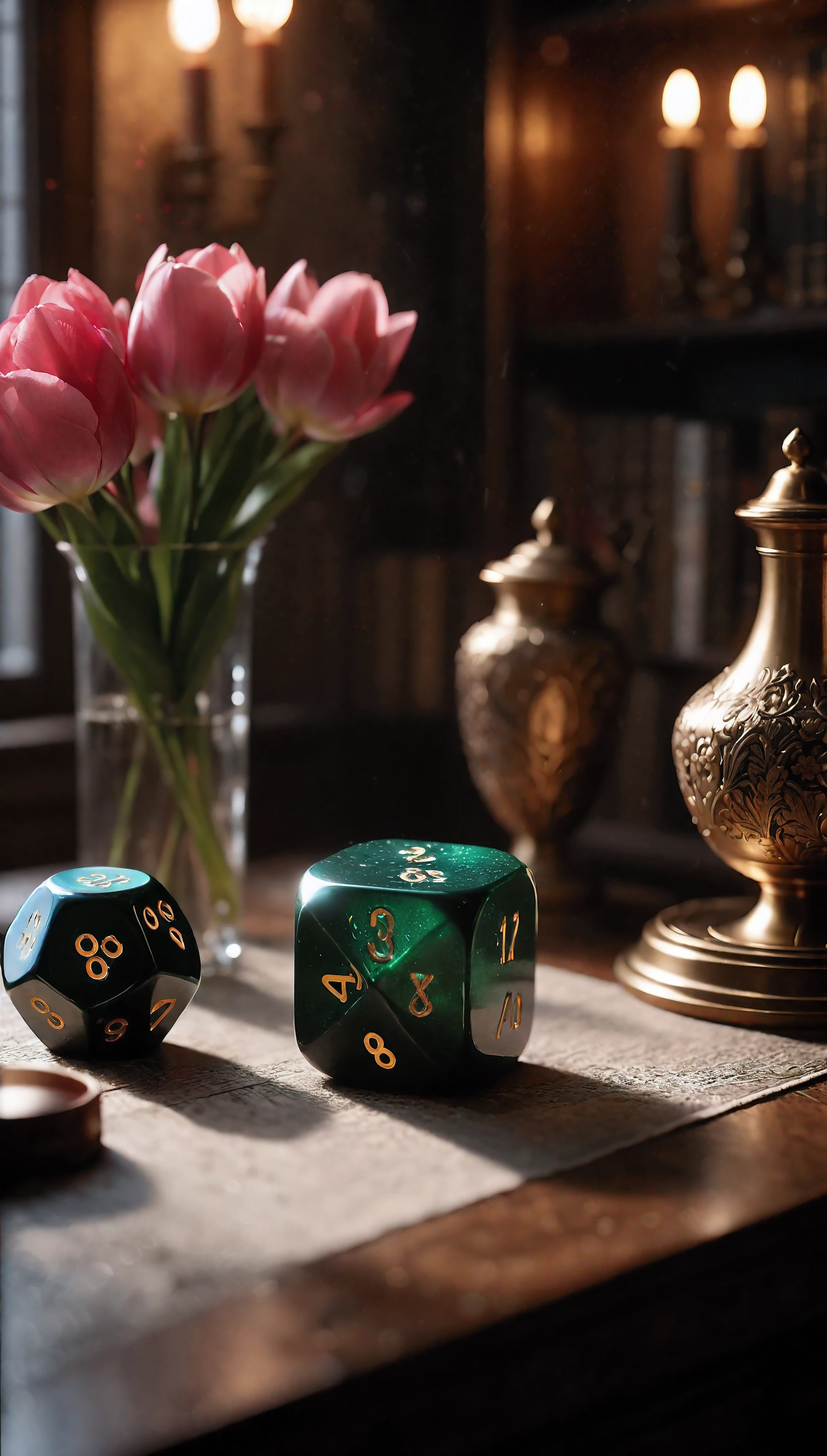 ((Masterpiece in maximum 16K resolution):1.6),((soft_color_photograpy:)1.5), ((Ultra-Detailed):1.4),((Movie-like still images and dynamic angles):1.3). | (Macro shot cinematic photo of a DnD table), (DnD tabletop map), (DnD dice), (macro lens), (DnD bookshelf), (DnD Posters), (luminous object), (DnD room), (shimmer), (aesthetic DnD vase), (visual experience),(Realism), (Realistic),award-winning graphics, dark shot, film grain, extremely detailed, Digital Art, rtx, Unreal Engine, scene concept anti glare effect, All captured with sharp focus. | Rendered in ultra-high definition with UHD and retina quality, this masterpiece ensures anatomical correctness and textured skin with super detail. With a focus on high quality and accuracy, this award-winning portrayal captures every nuance in stunning 16k resolution, immersing viewers in its lifelike depiction. | ((perfect_composition, perfect_design, perfect_layout, perfect_detail, ultra_detailed)), ((enhance_all, fix_everything)), More Detail, Enhance.