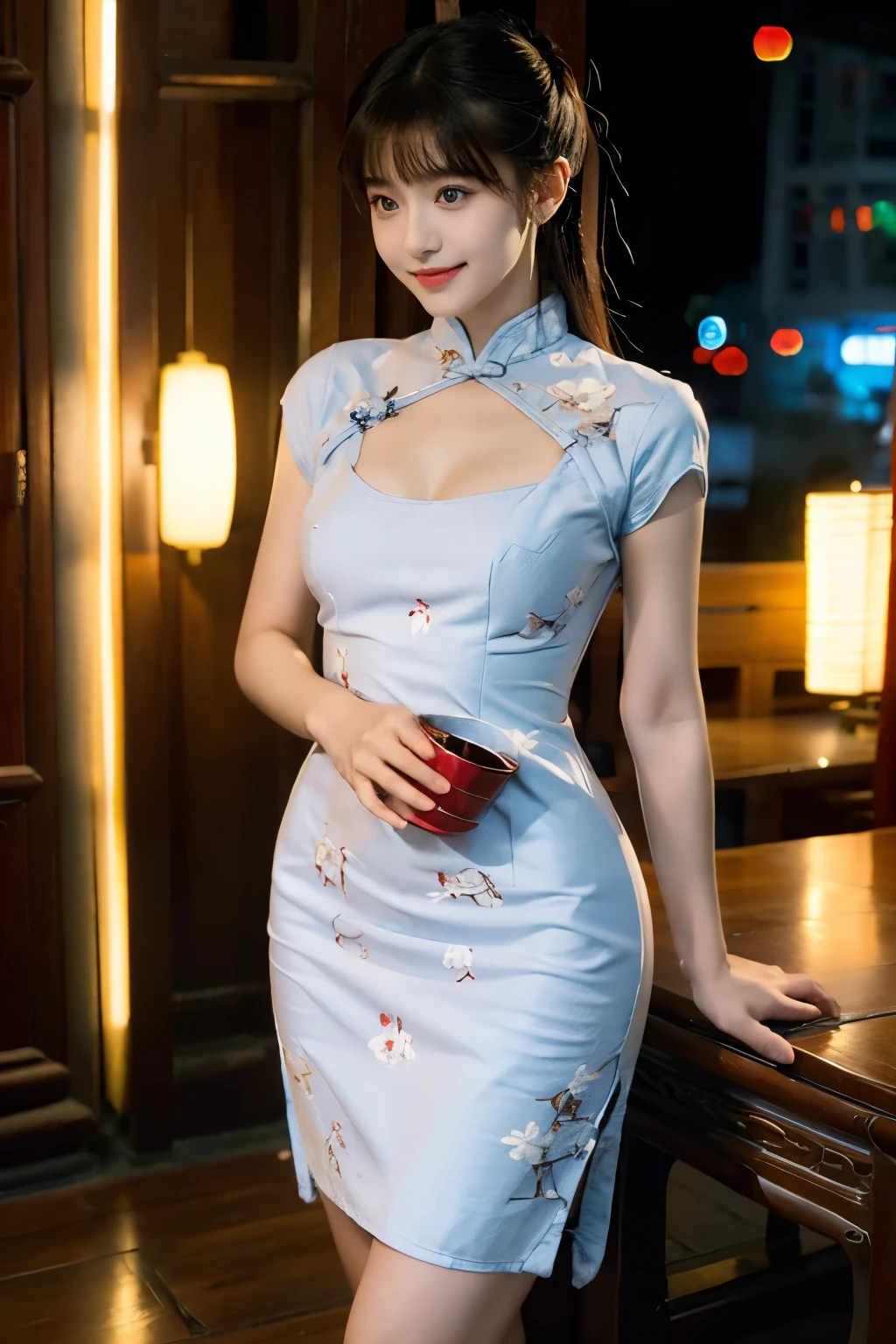 masterpiece、high resolution、((China dress:1.3)) 、mini skirt、Chinese service、Chunli、Chunli、((small breasts 1:1.3))、((small breasts))、(A cup bust)、((small tits:1.3))、Elegant and beautiful texture、RAW photo、16K、(Bokeh:1.3)、
35 years old、Japanese、beautiful face、（bright smile：1.1）、juicy lips 、Super detailed、High resolution、one girl、Full body Esbian