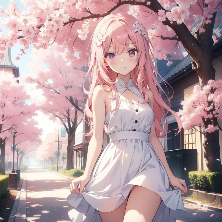 anime girl in a white dress and a pink sasher running under a tree, There are cherry blossom petals around her, official artwork, beautiful anime girl, beautiful anime, anime style 4k, Cherry blossoms swaying in the wind, anime! 4k, anime! 4k, smooth anime cg art, beautiful anime artwork, 4k anime wallpaper, attractive anime girl, seductive anime girl