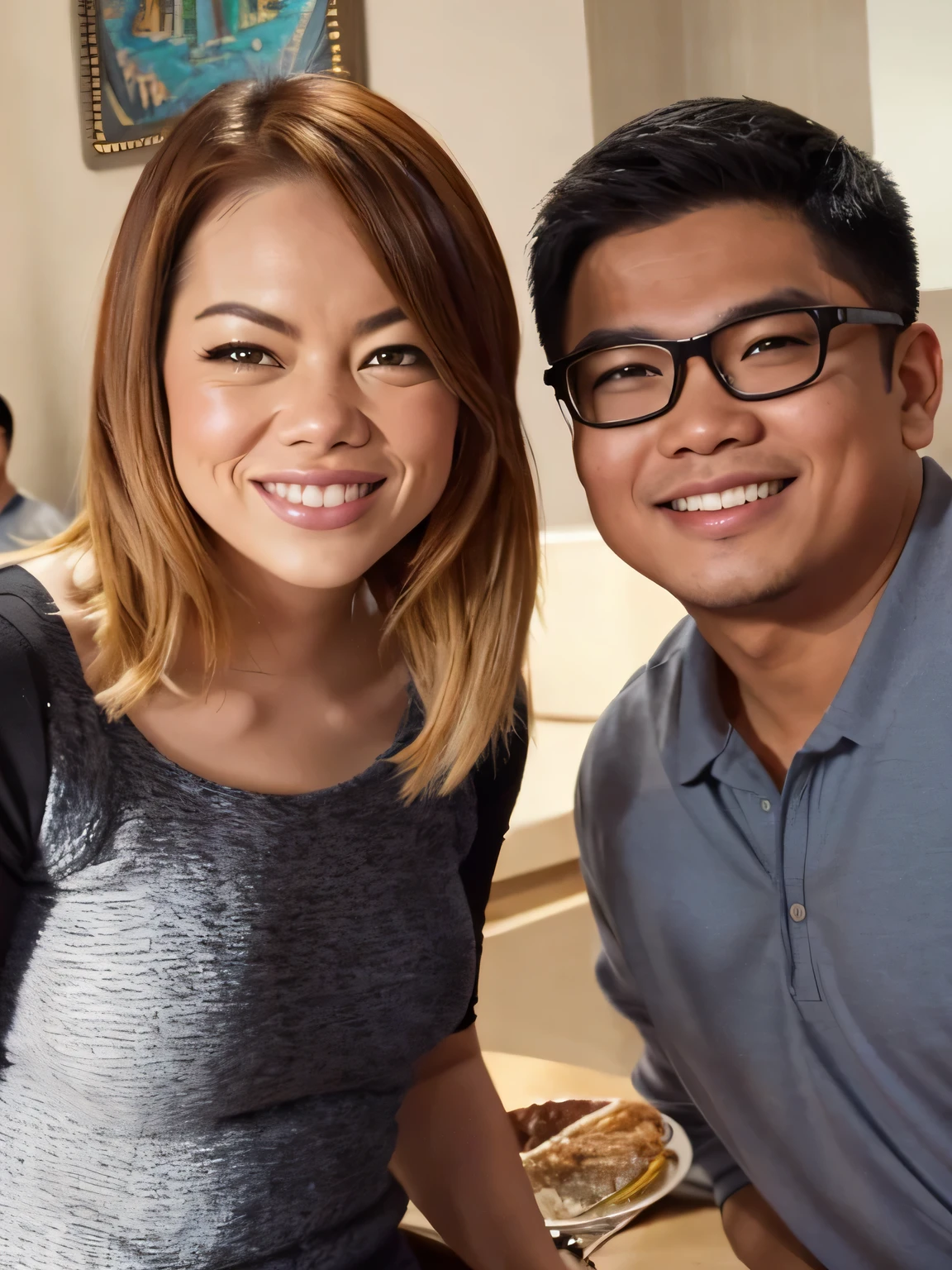(Best quality, 8k, 32k, Masterpiece, UHD:1.2)  "Generate an image featuring a chubby Filipino man with short black hair and eyeglasses, standing next to a celebrity ladies of Emma Stone ((Emma Stone)). Both individuals are posing together and smiling as if taking a selfie.

Ensure that the chubby Filipino man's appearance is depicted accurately, with attention to his facial features and physique. Emphasize his friendly and jovial demeanor through his expression and body language.

The celebrity should be recognizable and exude a sense of warmth and approachability. Depict them in stylish attire suitable for a casual gathering or event.

Create a backdrop that complements the setting, such as a trendy urban environment or a bustling public space. Incorporate elements that enhance the scene's jovial atmosphere, such as colorful decorations or festive lighting.

Capture the interaction between the two individuals authentically, conveying a sense of camaraderie and shared enjoyment." ((Filipino Man))