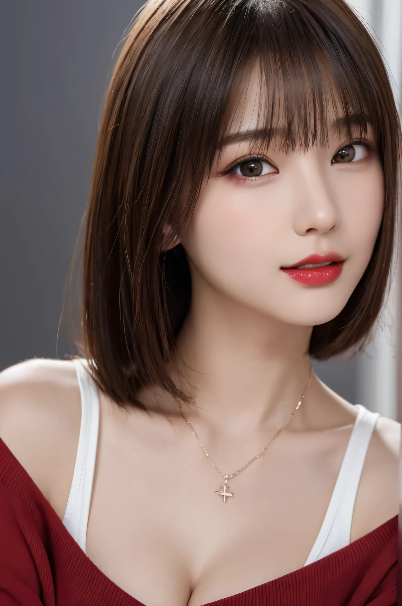 (highest quality、table top、8k、best image quality、Award-winning work)、(one young girl, :1.3)、(Perfect V-neck red long knit sweater:1.2)、(red eyeshadow:1.2)、perfect makeup、long eyelashes、Super high-definition sparkling eyes、ultra high definition hair、ultra high resolution glossy lips、Super high resolution perfect teeth、Super high resolution cute face、brown hair、(very short straight hair:1.1)、look at me and smile、[clavicle]、accurate anatomy、(close up of face:1.5)、Luxury love hotel、(The most moody warm lighting:1.2)、blurred background、With bangs、Super high-resolution glossy and moisturized face、Super high resolution glowing skin、most detailed face、Ultra high resolution detailed faces、ultra high resolution hair、Super high resolution sparkling eyes、Beautiful face drawn in every detail、Super high resolution glossy red lips、big breasts、cleavage、Fashionable necklaces