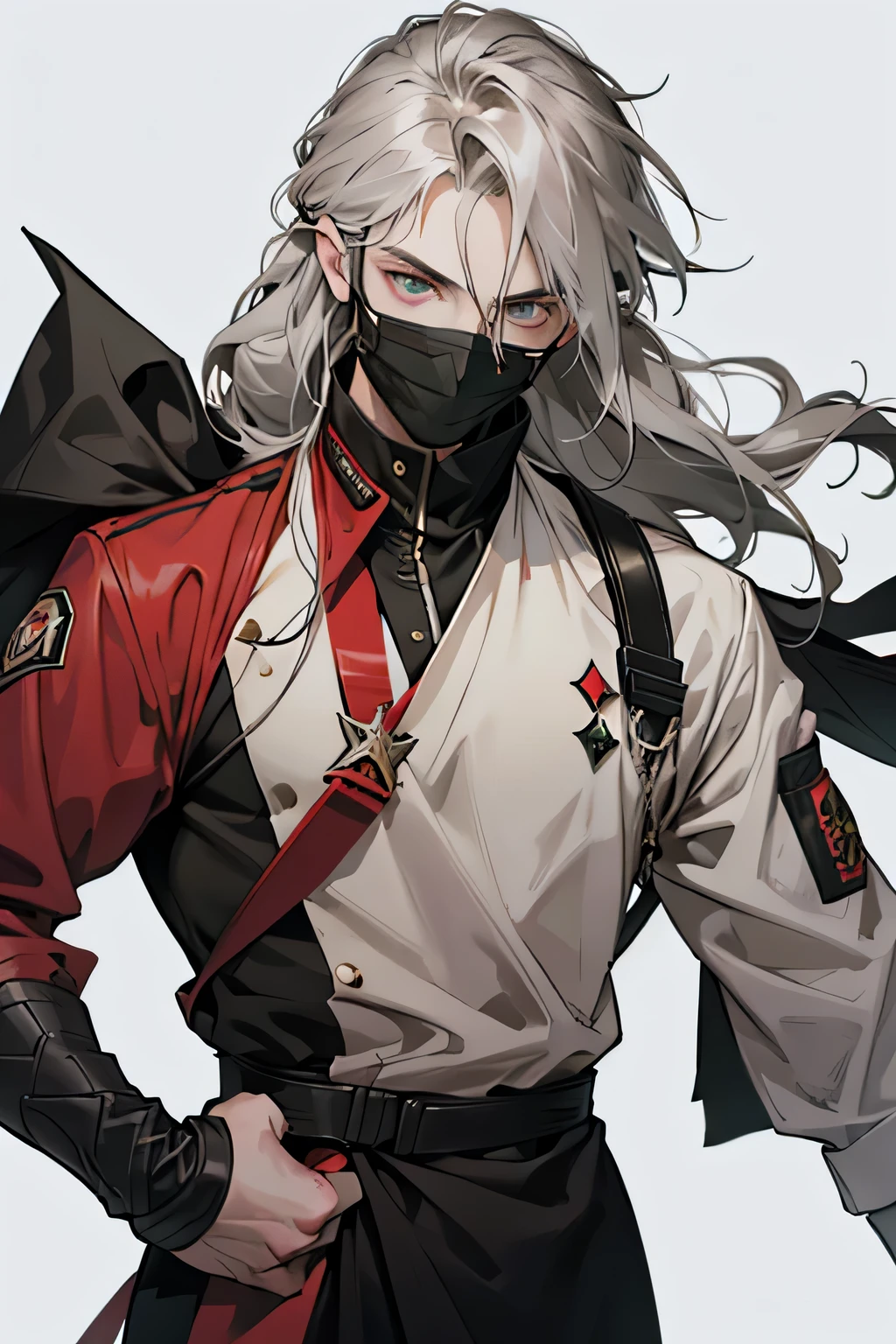 young man, man, ash hair, long hair, different colored eyes, green eye, Red eye, gray skin, decisive look, Mask on half of the face