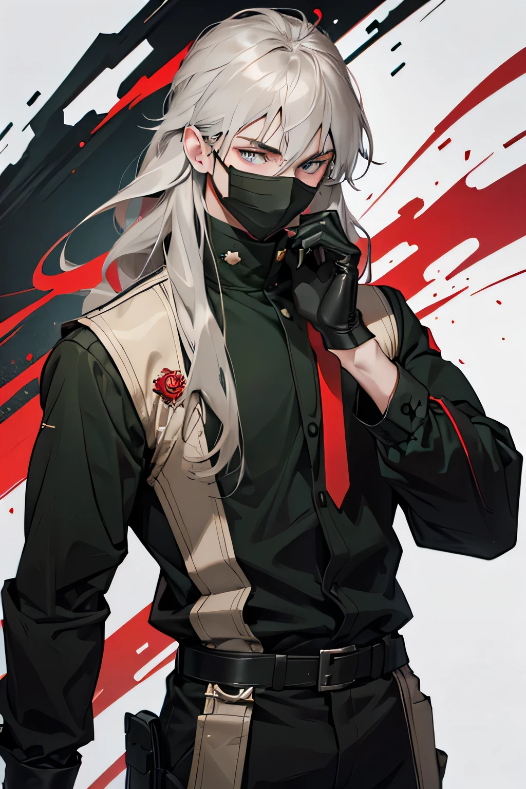young man, man, ash hair, long hair, different colored eyes, green eye, Red eye, gray skin, decisive look, Mask on half of the face