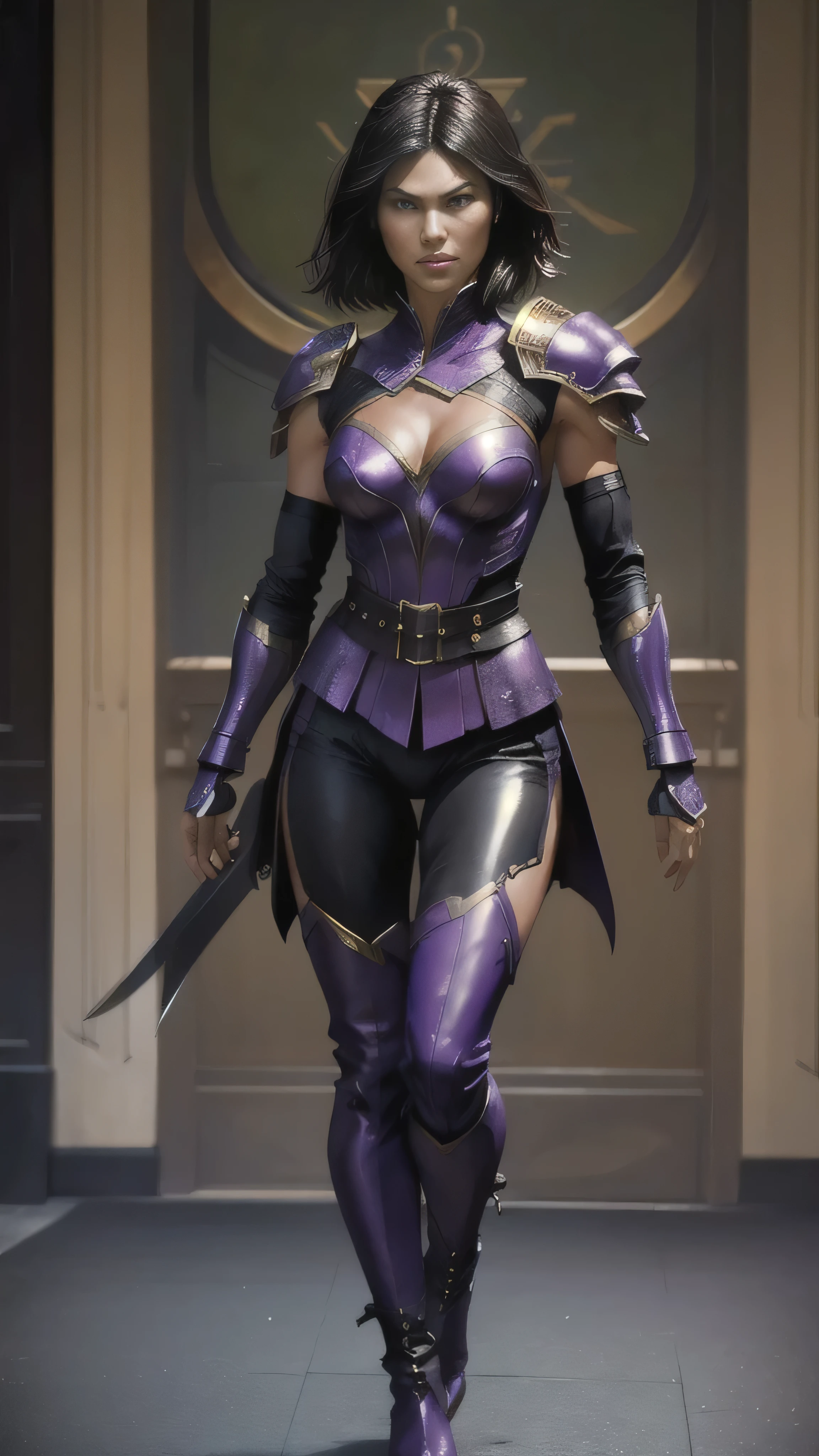 ((Elodie Yung)) as Tasia from Mortal Kombat, holding two blades, very short black hair, wears a form-fitting, black and dark-purple breastplate, purple tights, shoulder pads, purple armored gauntlets, boots on high heels, straps, buckles, metallic elements, make-up, seductive, sexy, hot, sultry, shapely, 1woman, solo, full body view, intricate, high detail, sharp focus, dramatic, photorealistic painting art by greg rutkowski