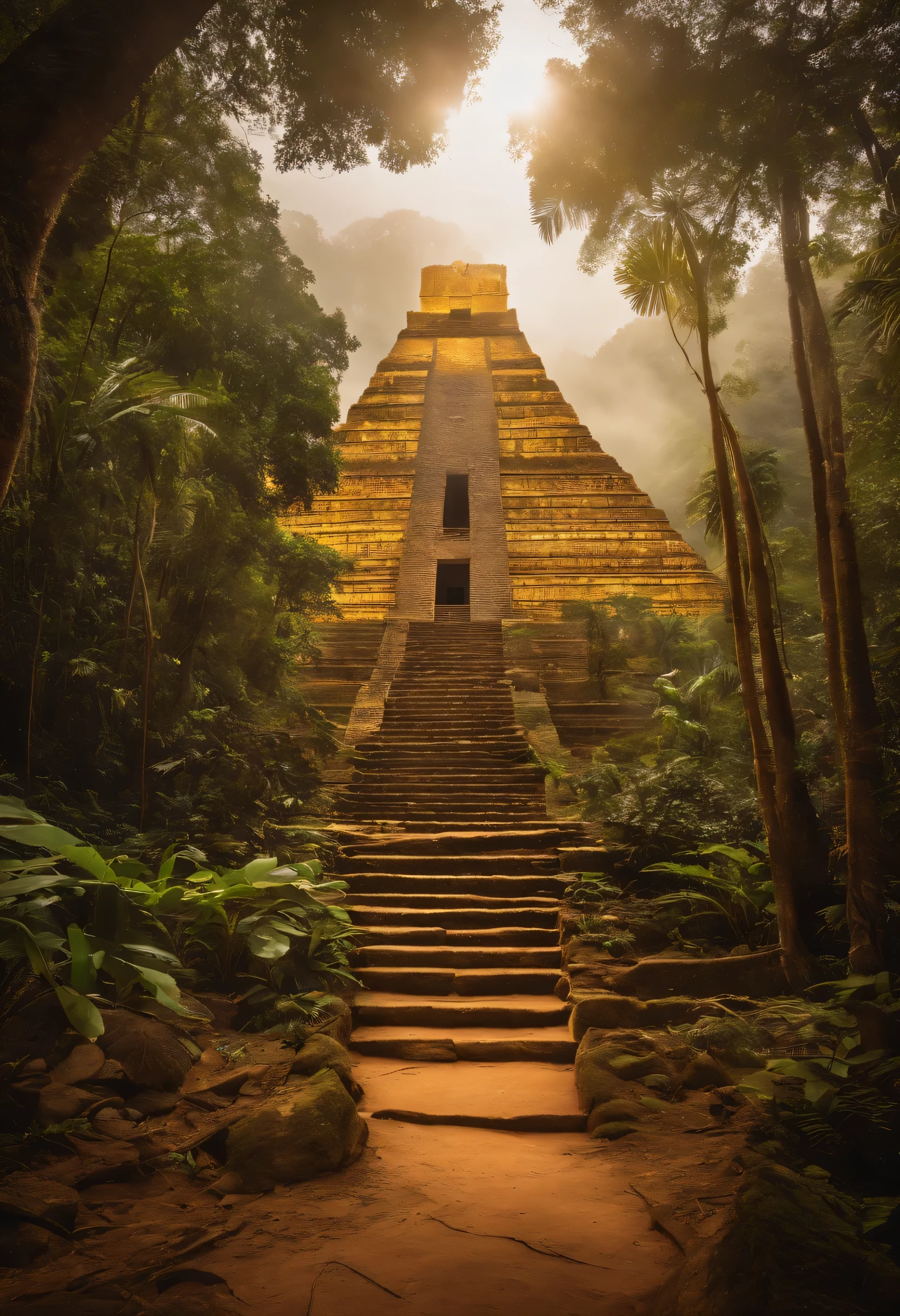 El Dourado, The lost city seen among the trees of a dense forest, uma grande piramide dourada brilhando com a luz do sol, fotografia realista.