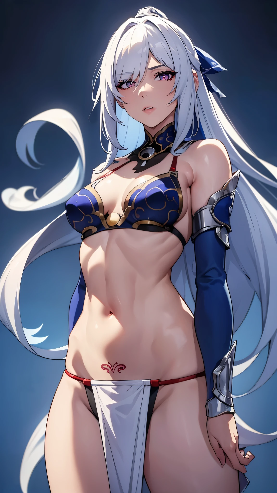((8K resolution))、((highest quality))、((masterpiece))、((Super detailed))((((dramatic))), (anatomically correct)、Depth of object being written、look at the camera、((JingliuV5))front、Thin but muscular body, defined abs, toned arms, long and thin legs, Athletic Presence,pale skin、stir up、half closed eyes / Bad mood 、tattoo、(theme、whole body:1.1), ice background