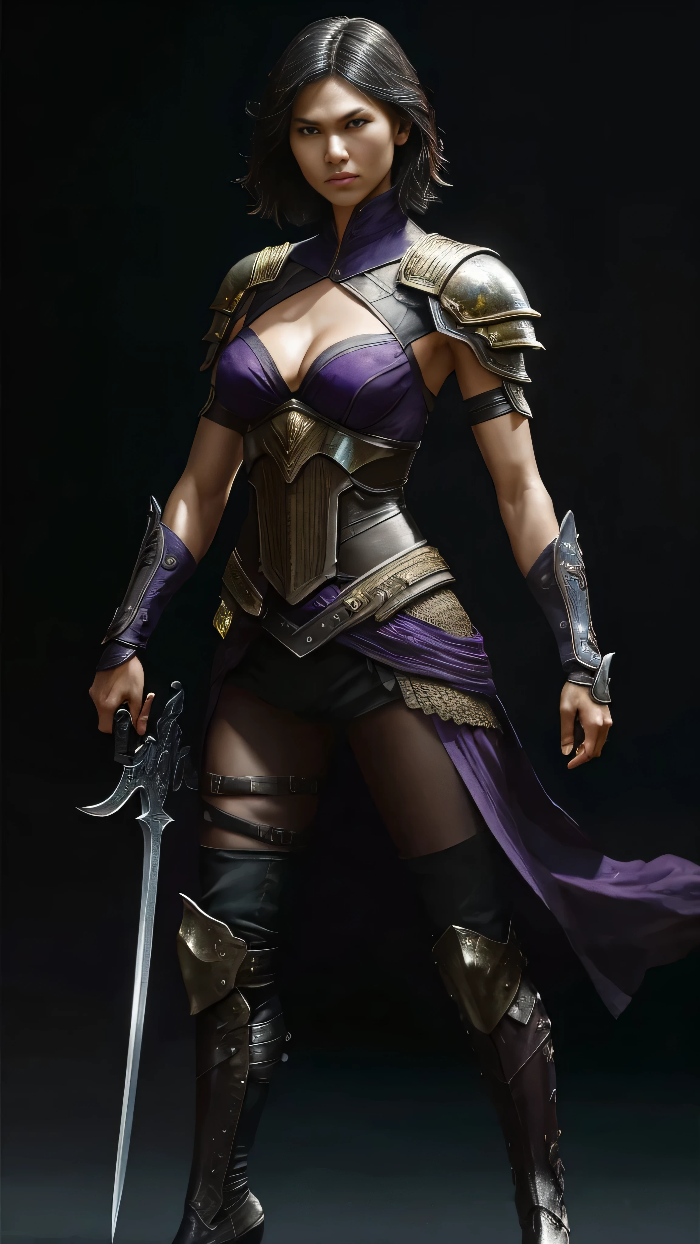 ((Elodie Yung)) as Tasia from Mortal Kombat, holding two blades, very short black hair, wears a form-fitting, black and dark-purple breastplate, purple tights, shoulder pads, purple armored gauntlets, boots on high heels, straps, buckles, metallic elements, make-up, seductive, sexy, hot, sultry, shapely, 1woman, solo, full body view, intricate, high detail, sharp focus, dramatic, photorealistic painting art by greg rutkowski
