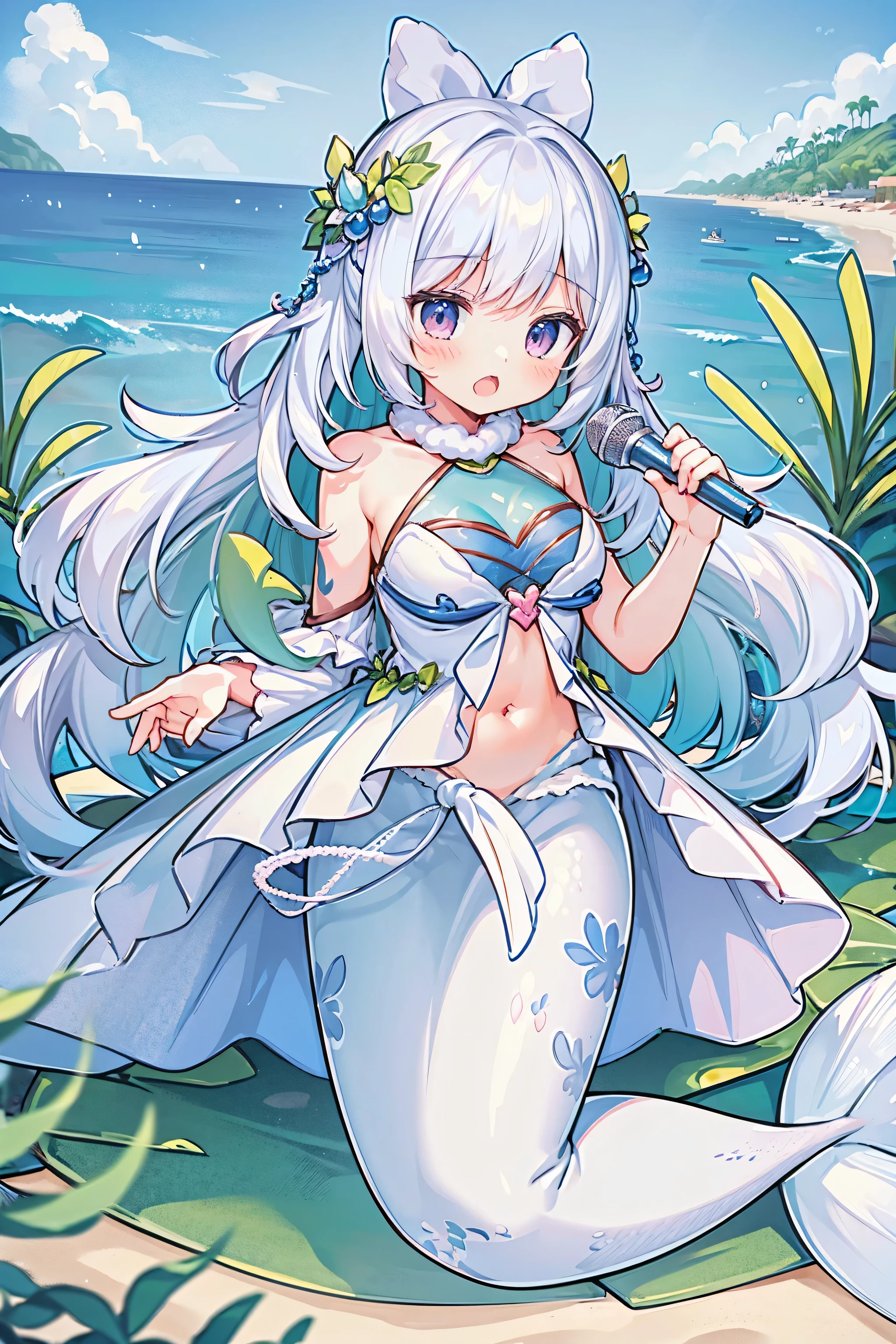 masterpiece, best quality,a girl,big breasts,Mermaid,white mermaid tail,full-body shot,beach,sea view,sit on the beach,Open your mouth and sing,holding a microphone,charming face(kawaii, charming,soft)