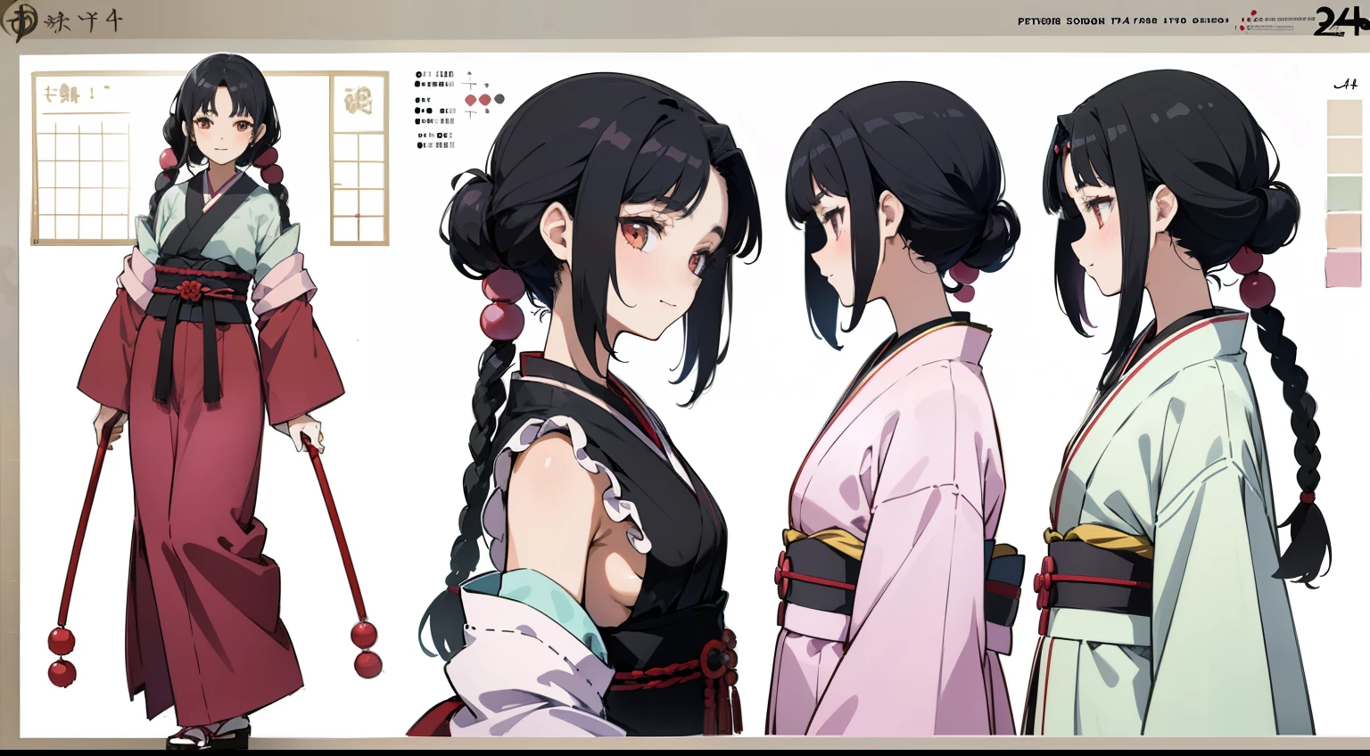 16 years old, Black Hair Girl, Hair length to the armpits (((happy flirty look))) ,japanese kimono, ((Odango hairstyle)) (((detailed character sheet, Front view, Side view, 3/4 view)))