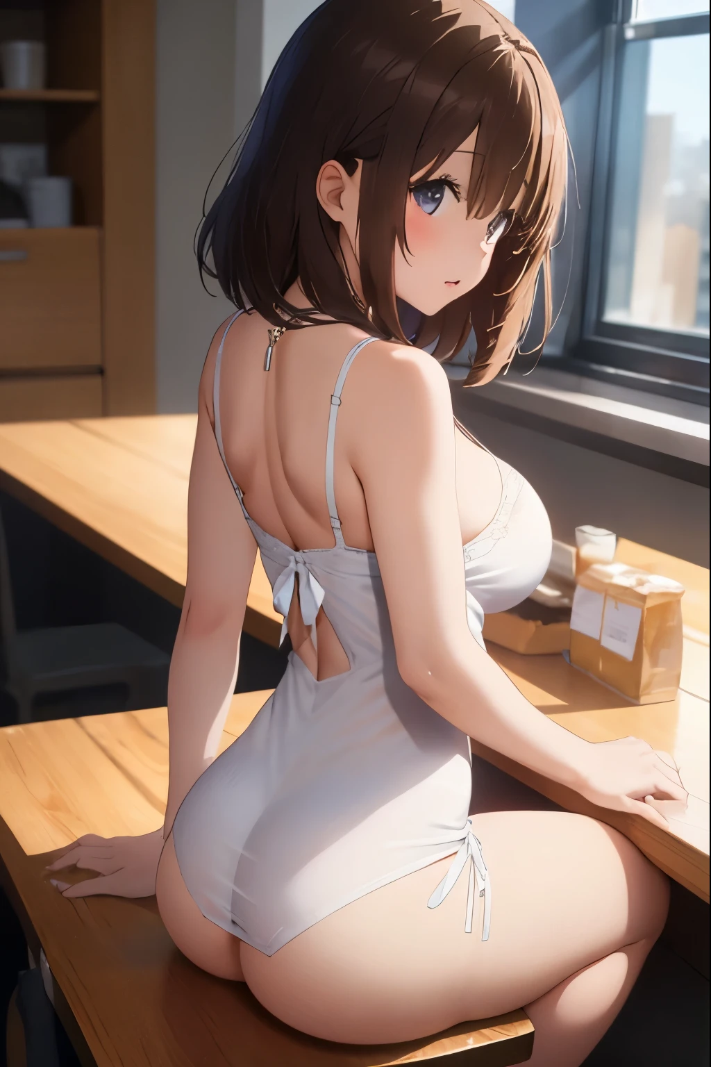 Young girl with brown hair with a necklace and big breasts in an extremely short and sexy white sheath dress with her shoulders exposed from behind and with a large opening in the dress while showing her big ass without panties sitting on the edge of a table