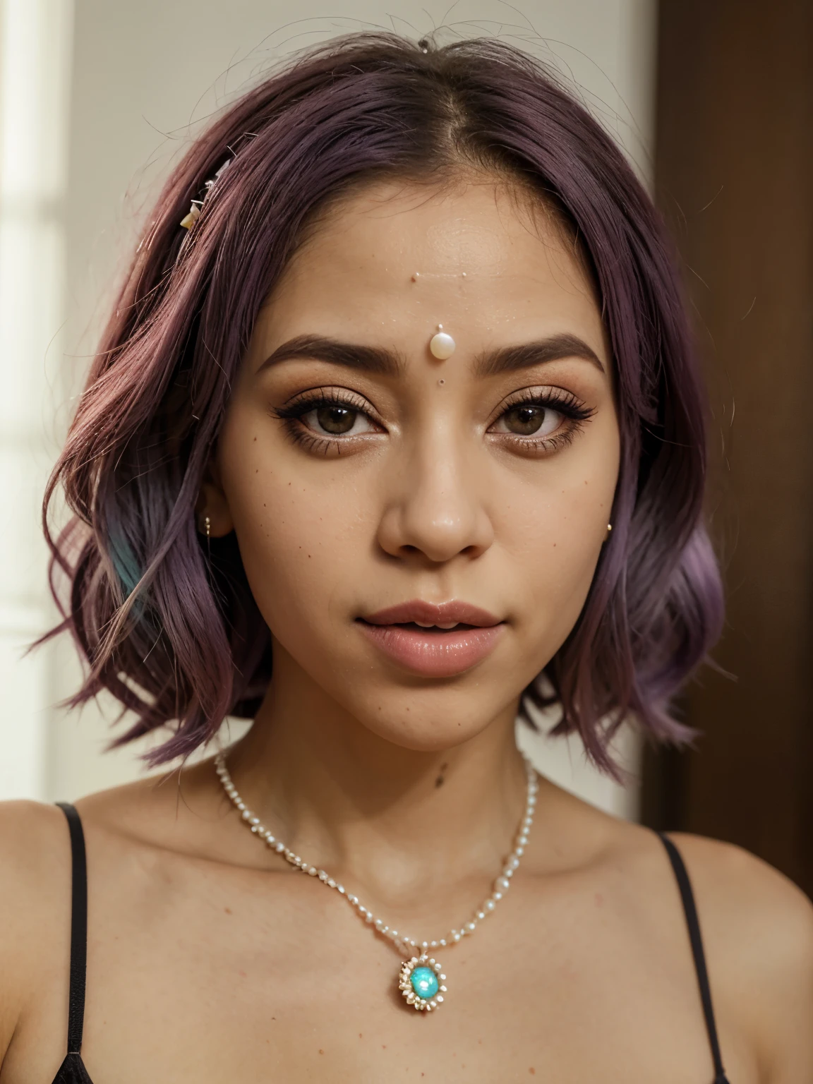 1 garota, joia, lilac hair, chifres, Sozinho, comendo cupcake, brifuced tongue, pearl colar, retrato, batom, inventar, eyes without iris, olhos totalmente brancos,pele brilhante, Seios grandes,(mulher madura:1.16),