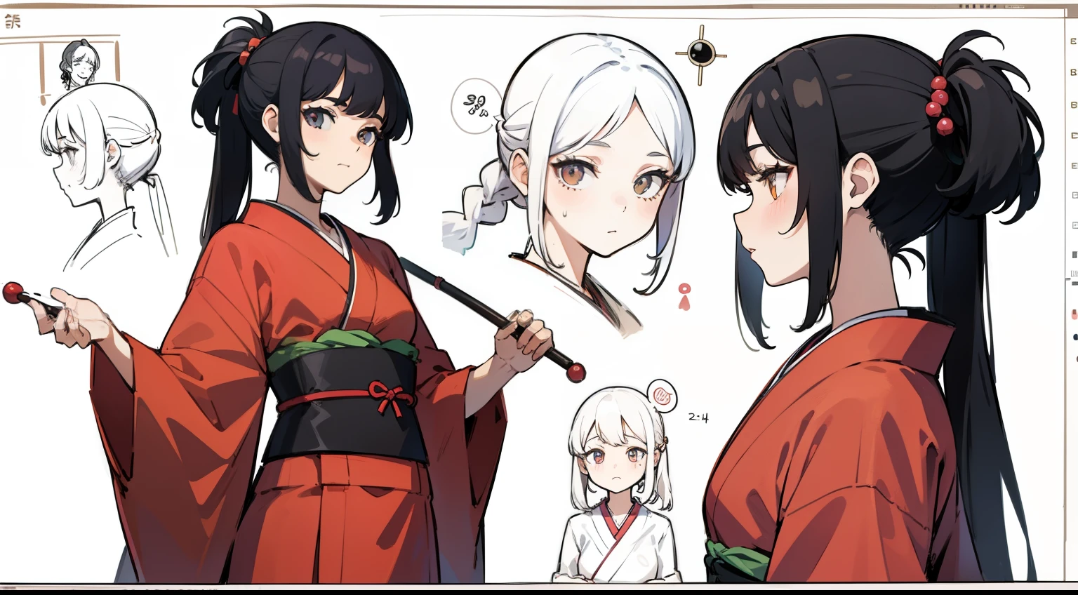 , Black Hair Girl, Hair length to the armpits (((happy flirty look))) ,japanese kimono, ((Odango hairstyle)) (((detailed character sheet, Front view, Side view, 3/4 view)))