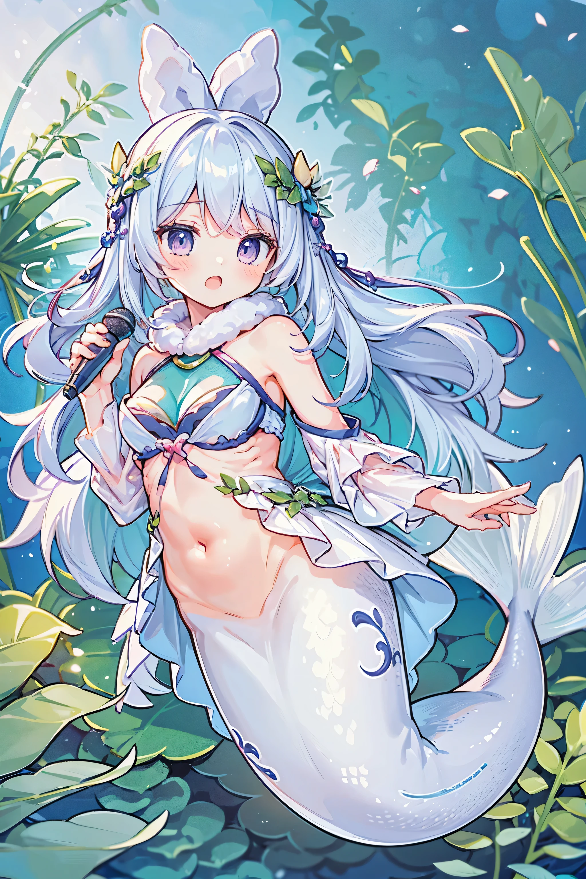 masterpiece, best quality,a girl,big breasts,Mermaid,white mermaid tail,full-body shot,beach,sea view,sit on the beach,Open your mouth and sing,holding a microphone,charming face(kawaii, charming,soft)