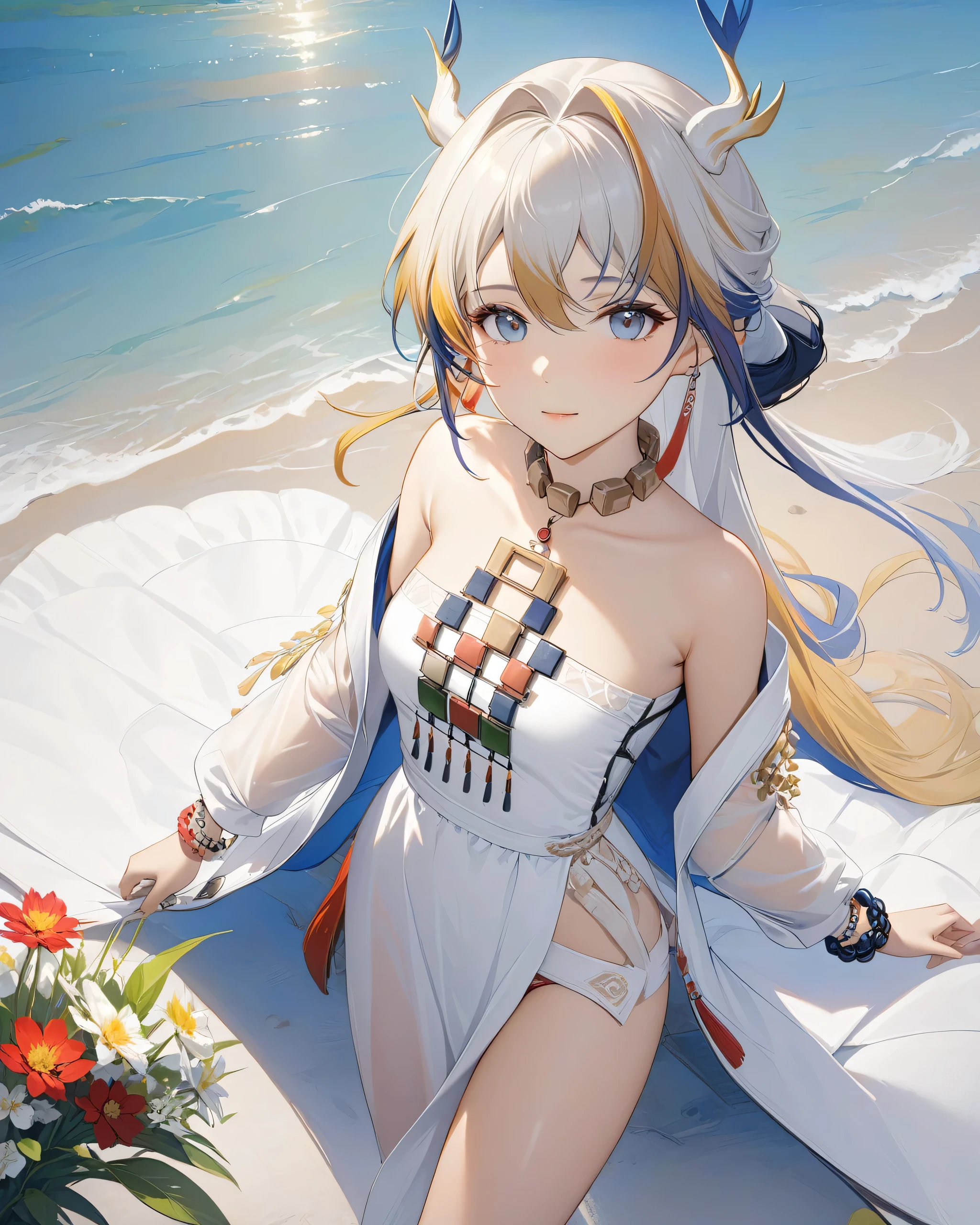 masterpiece,best quality,game cg,1girl,solo,jewelry,bare shoulders,open clothes,long sleeves,bracelet,white dress,white jacket, (Tiny micro bikini in mesh material...)