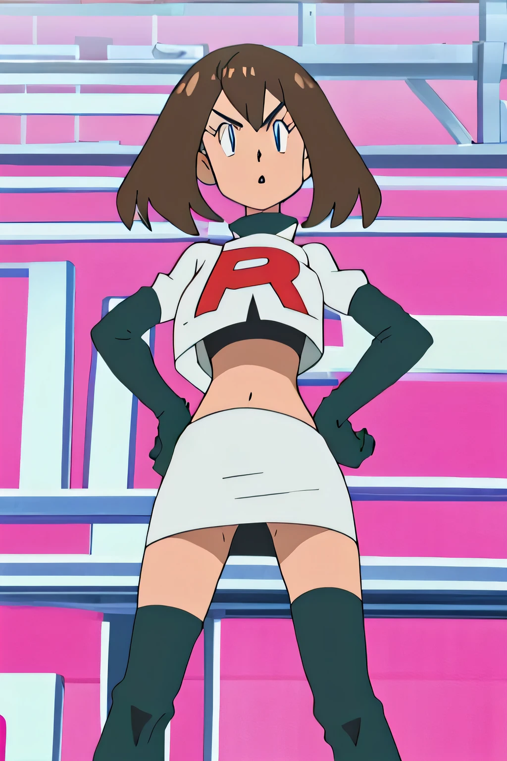 masterpiece,best quality,high res,high quality,8k, masterpiece,highres, team rocket uniform, red letter r, white skirt,white crop top,black thigh-high boots, black elbow gloves, glaring angrily, looking down at viewer, hands on hips, cowboy shot, zettai ryouiki,spread legs,from below, black panties,anime style, vivid colors, sharp focus, intense lighting,namida suzameno,two braids,brown hair,brown eyes