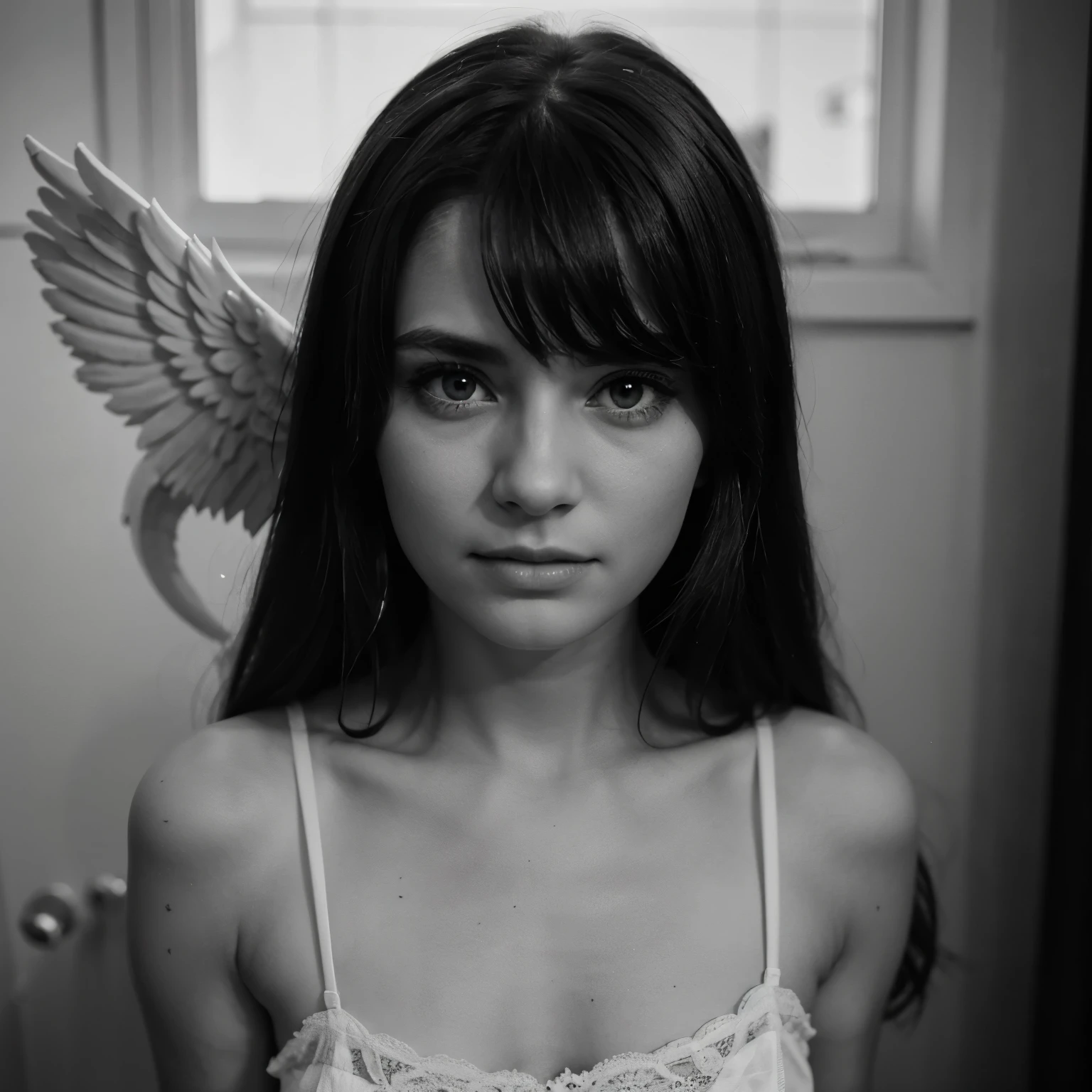 angelic, black and white, nude model, angel like wings wiith a gag in her mouth