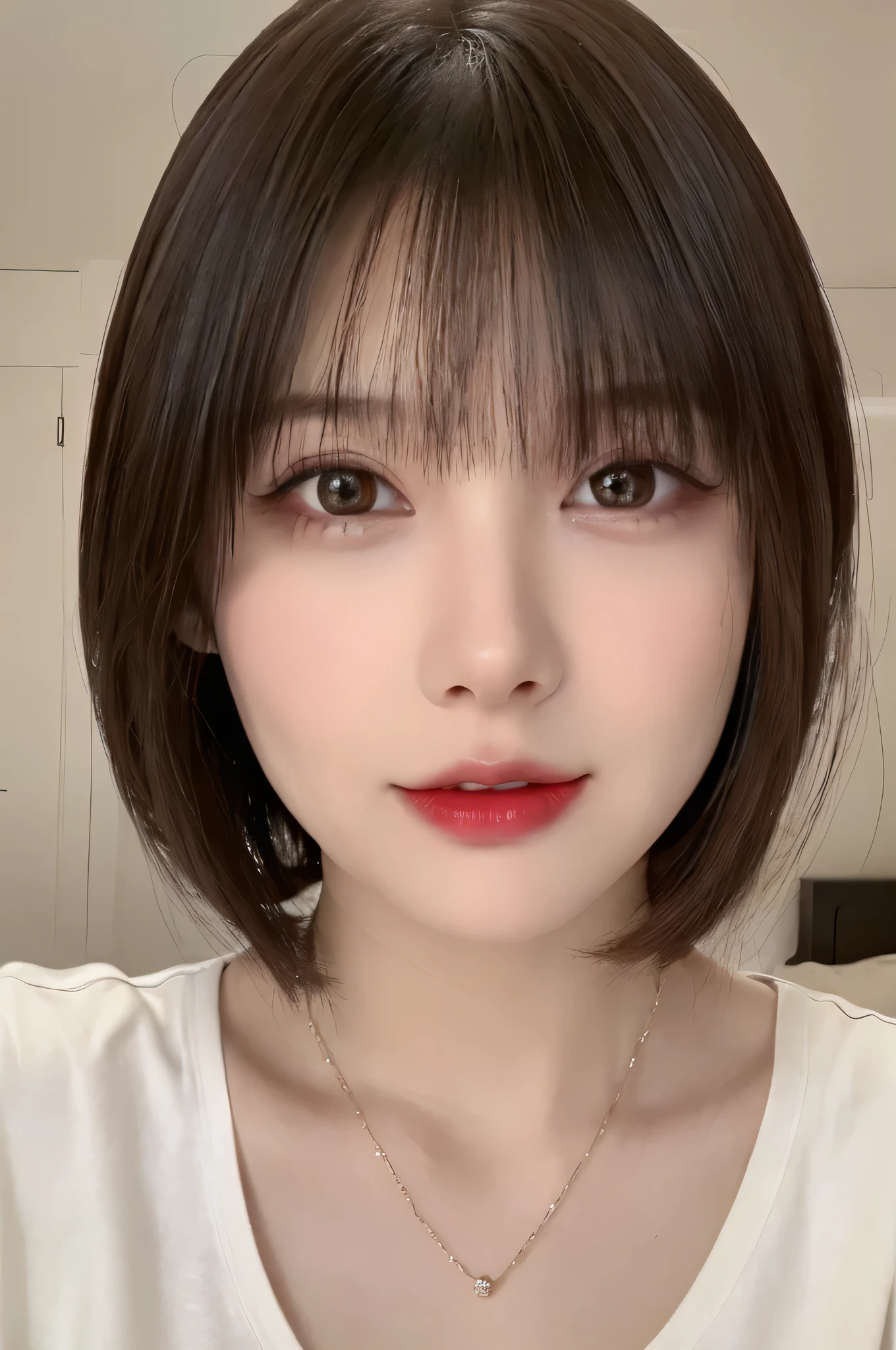 (highest quality、table top、8k、best image quality、Award-winning work)、(one young girl, :1.3)、(Perfect V-neck red long knit sweater:1.2)、(red eyeshadow:1.2)、perfect makeup、long eyelashes、Super high-definition sparkling eyes、ultra high definition hair、ultra high resolution glossy lips、Super high resolution perfect teeth、Super high resolution cute face、brown hair、(very short straight hair:1.1)、look at me and smile、[clavicle]、accurate anatomy、(close up of face:1.5)、Luxury love hotel、(The most moody warm lighting:1.2)、blurred background、With bangs、Super high-resolution glossy and moisturized face、Super high resolution glowing skin、most detailed face、Ultra high resolution detailed faces、ultra high resolution hair、Super high resolution sparkling eyes、Beautiful face drawn in every detail、Super high resolution glossy red lips、big breasts、cleavage、Fashionable necklaces