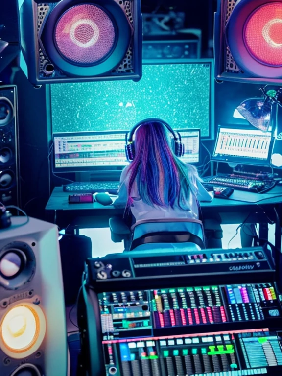 (​masterpiece、top-quality、8K )、Bird View、Overhead view camera work、Anime slender with colorful hair and headphones sitting at inorganic table on laptop, creature, Beauty, Retro Modern, lock, urgent, Perfect, epicd,Music Studio, Best Shadows, Shallow depth of field, (of the highest quality, Amazing details: 1,4),  Fancy, Glare, Neon Garland,intricate detailes,ultra-detailliert、one girls、Grinning 、(Live Stage:1.3),(Recording Microphone、Condenser microphone、Mixing Machine、Sampling Machine、Rhythm Box、mixer,synthesizer、Monitors:1.2),recording studio、Spotlight from behind、Hyper realistic,Perfect Anatomy、lightblue hair