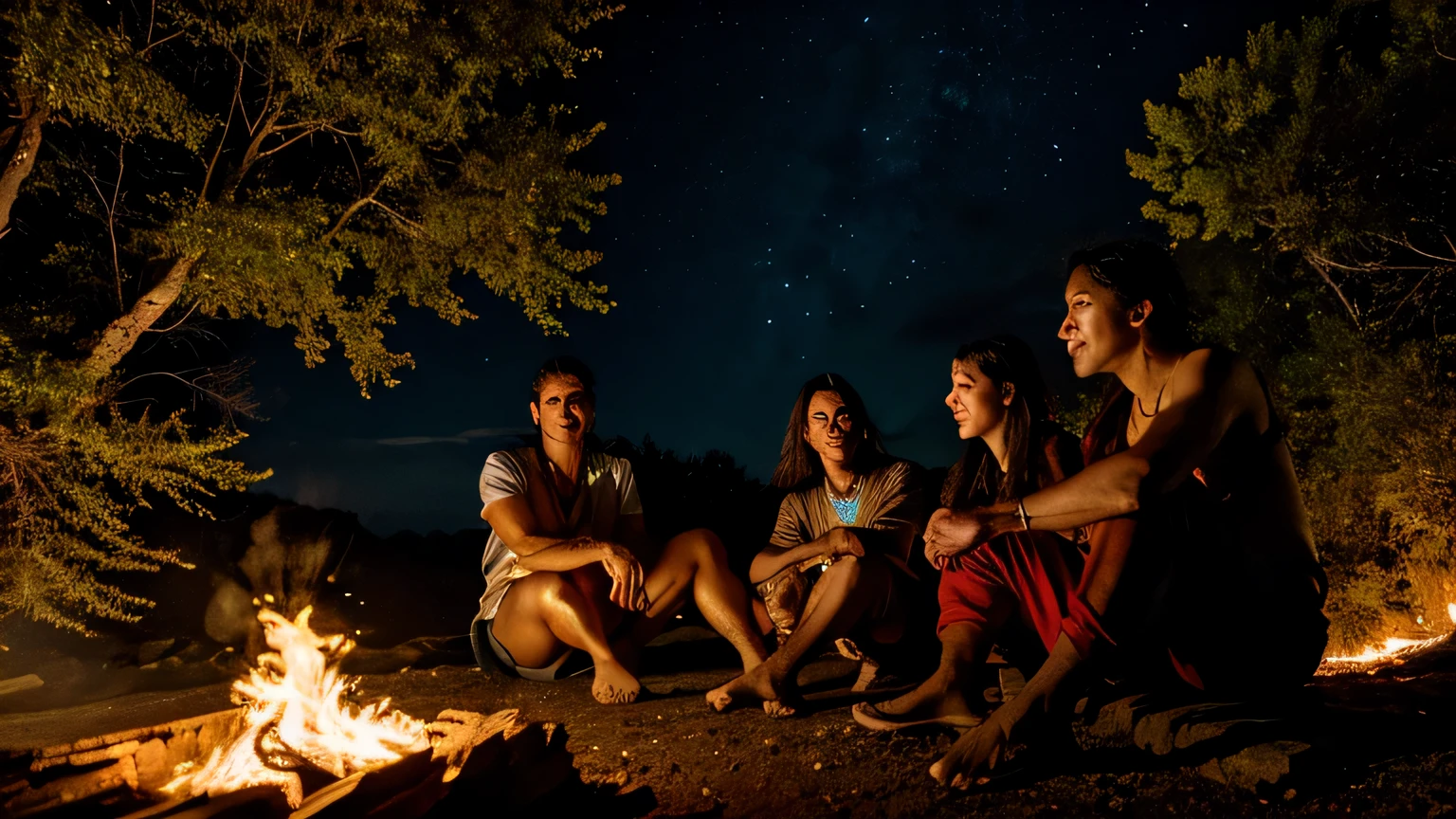 Realistic image in 8k, of 6 Indian shamans sitting on a log in nature at night, around a large fire, their expressions are full of joy, their faces are very clear and sharp without blurring. they are gathered and talking about a subject,, monumental, Cheiron Crush, Flexography, portrait, Game engine rendering, Flat, Sound art, contrasted colors, Maximalism, moon lighting, Ultra-realistic, highly detailed, natural lighting, ocean environment, Unity engine, 8k --ar 16:9


