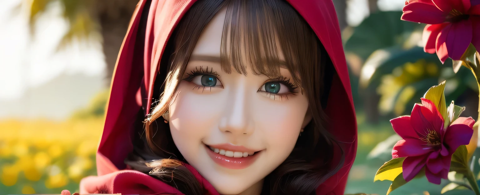 red hijab,beautiful detailed dress,gorgeous eyes,soft lips,joyful expression,flower garden background,shimmering sunlight,medium:oil painting,ultra-detailed,realistic,professional,vivid colors,warm color tones,soft lighting