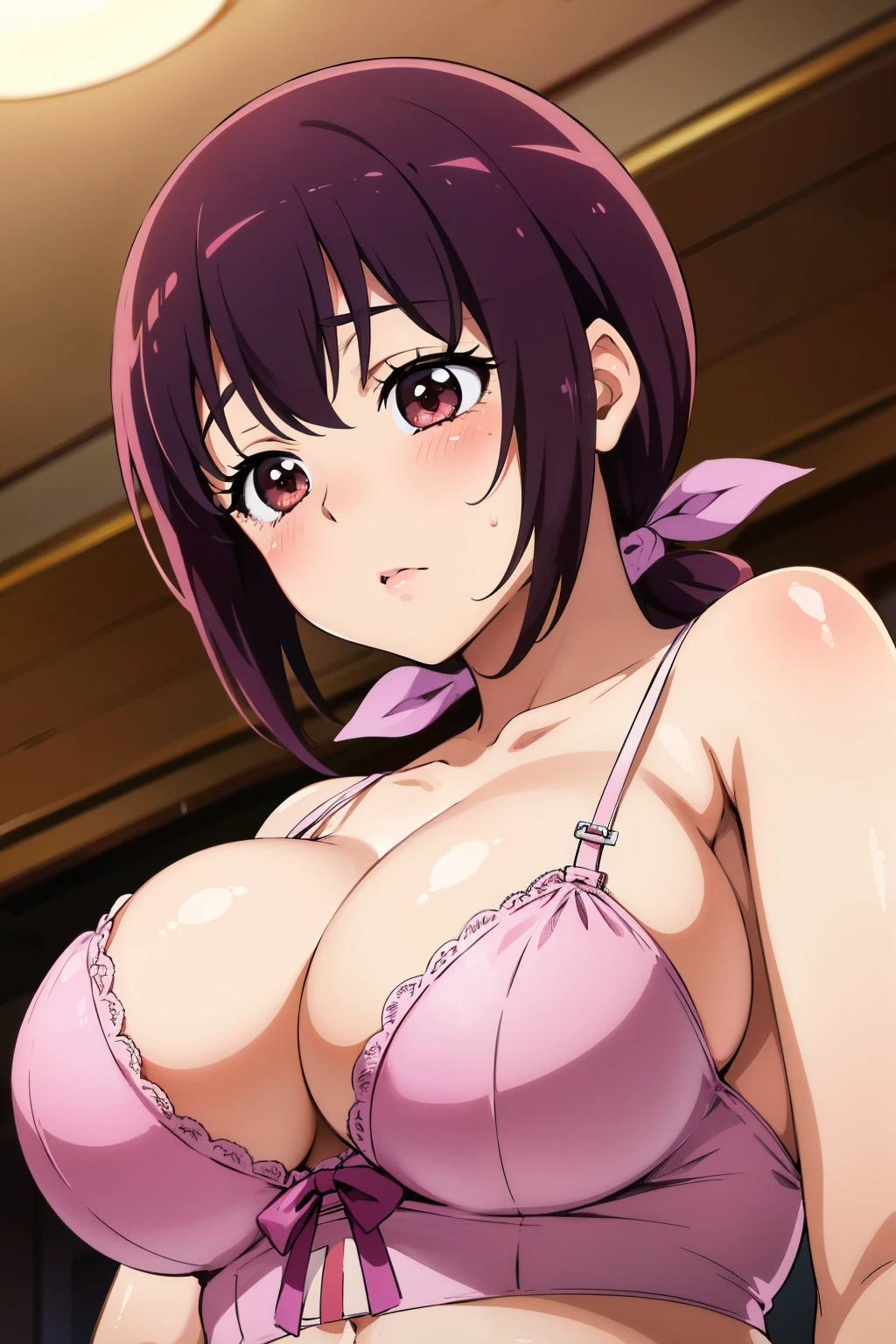  highest quality, High resolution, 1 girl, focus only, (big breasts:1.2), it is in it, hair ribbon, blush, embarrassing, (from below:1.2). lingerie