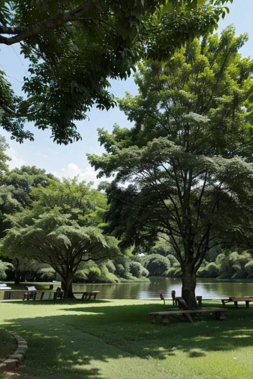 Larges trees with a lush canopy in a park with well-maintained grass and a lake in the background