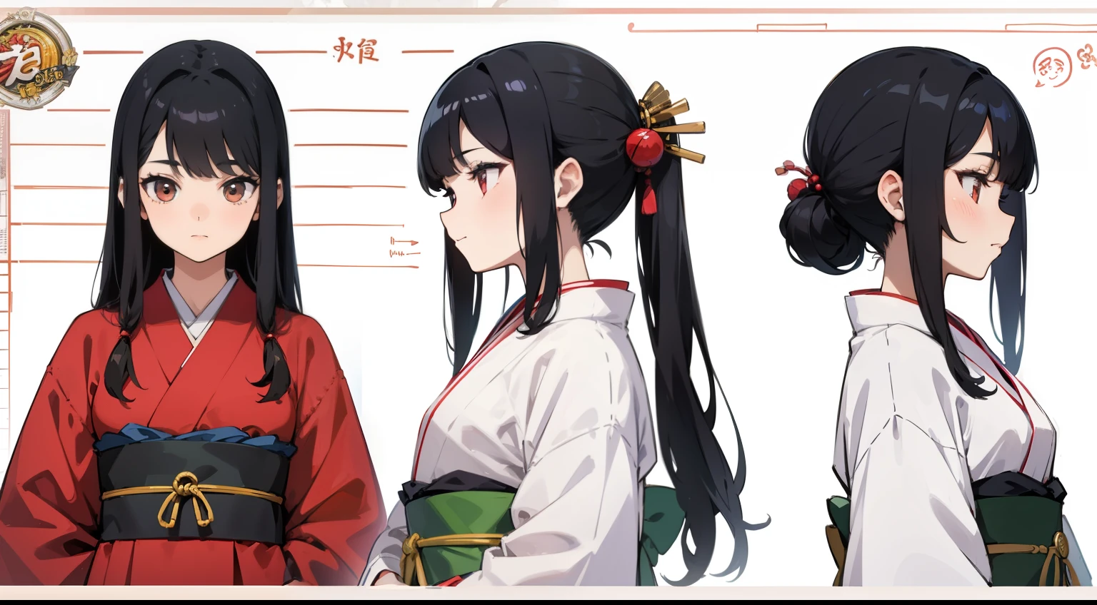 16 years old, Black Hair Girl, Hair length to the armpits (((happy flirty look))) ,japanese kimono, ((Odango hairstyle)) (((detailed character sheet, Front view, Side view, 3/4 view)))