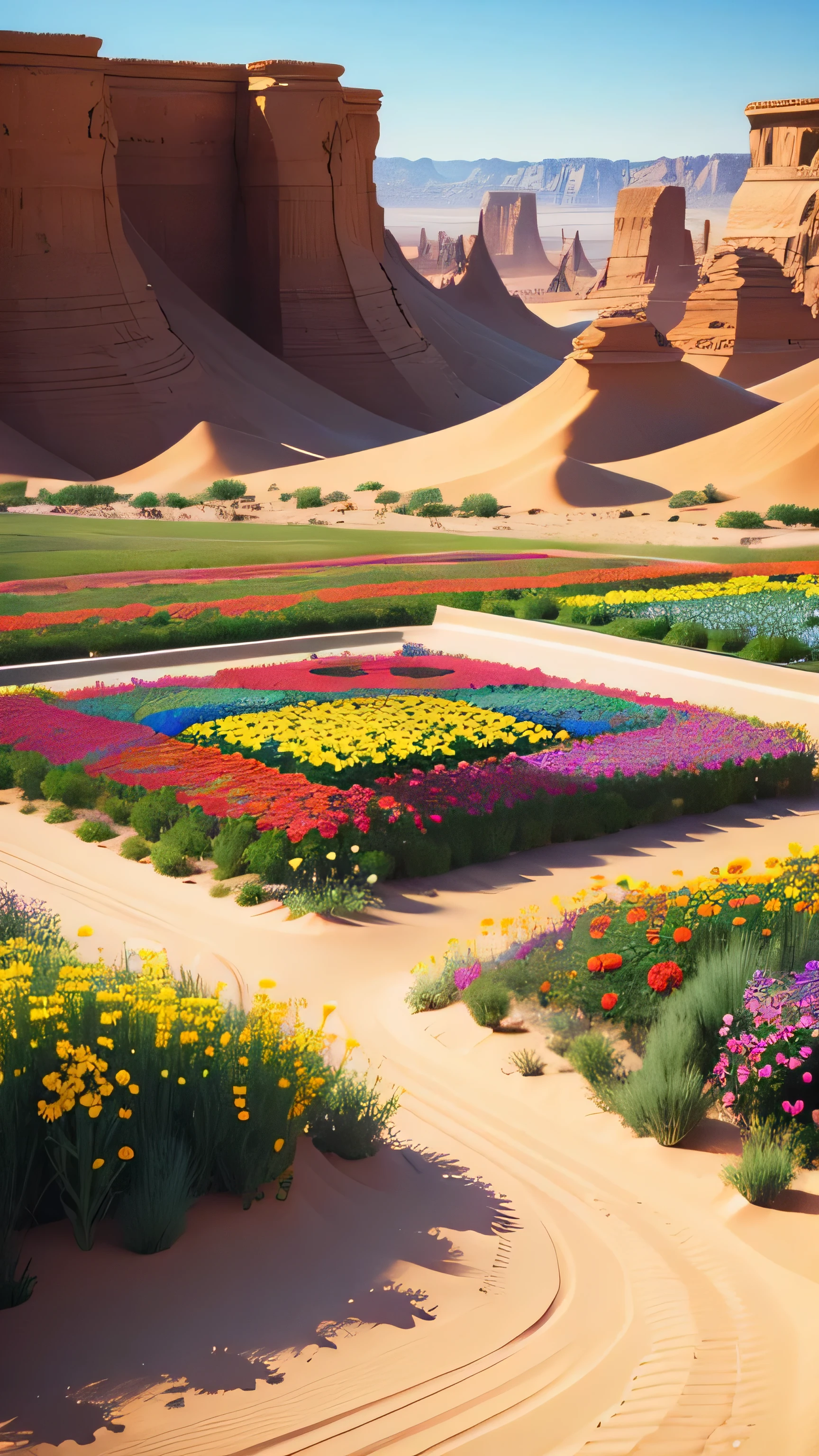 colorful flower garden in the middle of the desert, 8k, high quality