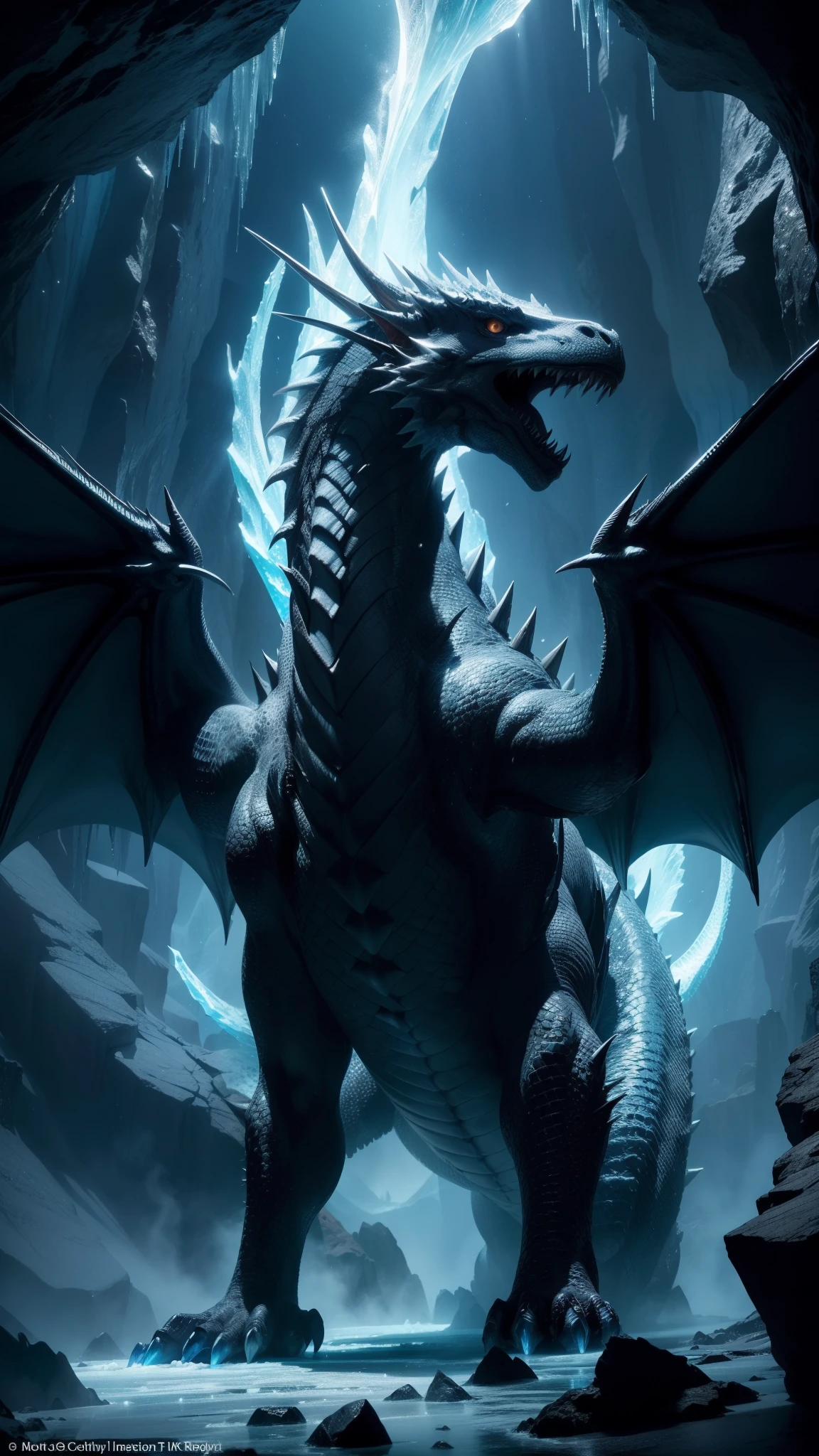 (best quality,4k,8k,highres,masterpiece:1.2),ultra-detailed,realistic,ice dragon in Dungeons,crystal clear scales,dazzling blue eyes,sinister expression,fierce looking teeth and claws, scales are ice crystals,majestic wings,icy breath,glowing crystals in the cave,intense cold atmosphere,shimmering ice spikes,ominous dark clouds,dragon dominating the dungeon,ancient and powerful presence,impressive scale and size,smoke rising from its nostrils,roaring with power and authority,subtle reflection of light on scales,detailed textures and shading,ominous shadows contrasting with the icy blue tones,grandiose and intimidating figure with ice crystals forming around it,intricate detailing on its scales,creating a sense of depth and realism,imposing and majestic creature,arctic landscape visible through the cave entrance,creating a sense of wonder and adventure,sharp focus on the dragon's face and features,brilliant ice forming intricate patterns,highlighting the dragon's magical nature,vivid colors and intricate designs showcasing the dragon's beauty and power,stunning combination of myth and reality,stunning contrast between fiery breath and icy surroundings,combining elements of danger and awe,creating a captivating and otherworldly scene, ice blue and white colors schemes, Unity 8k wallpaper, Ultra detailed, Beautiful and aesthetic,(dynamic composition:1.2), highly detailed, colorful details, (glowing lighting, atmospheric lighting), dreamy, magical, lens flare, (colorful), Cinematic light, high-res, sharp focus, smooth, colorful light, particles, 