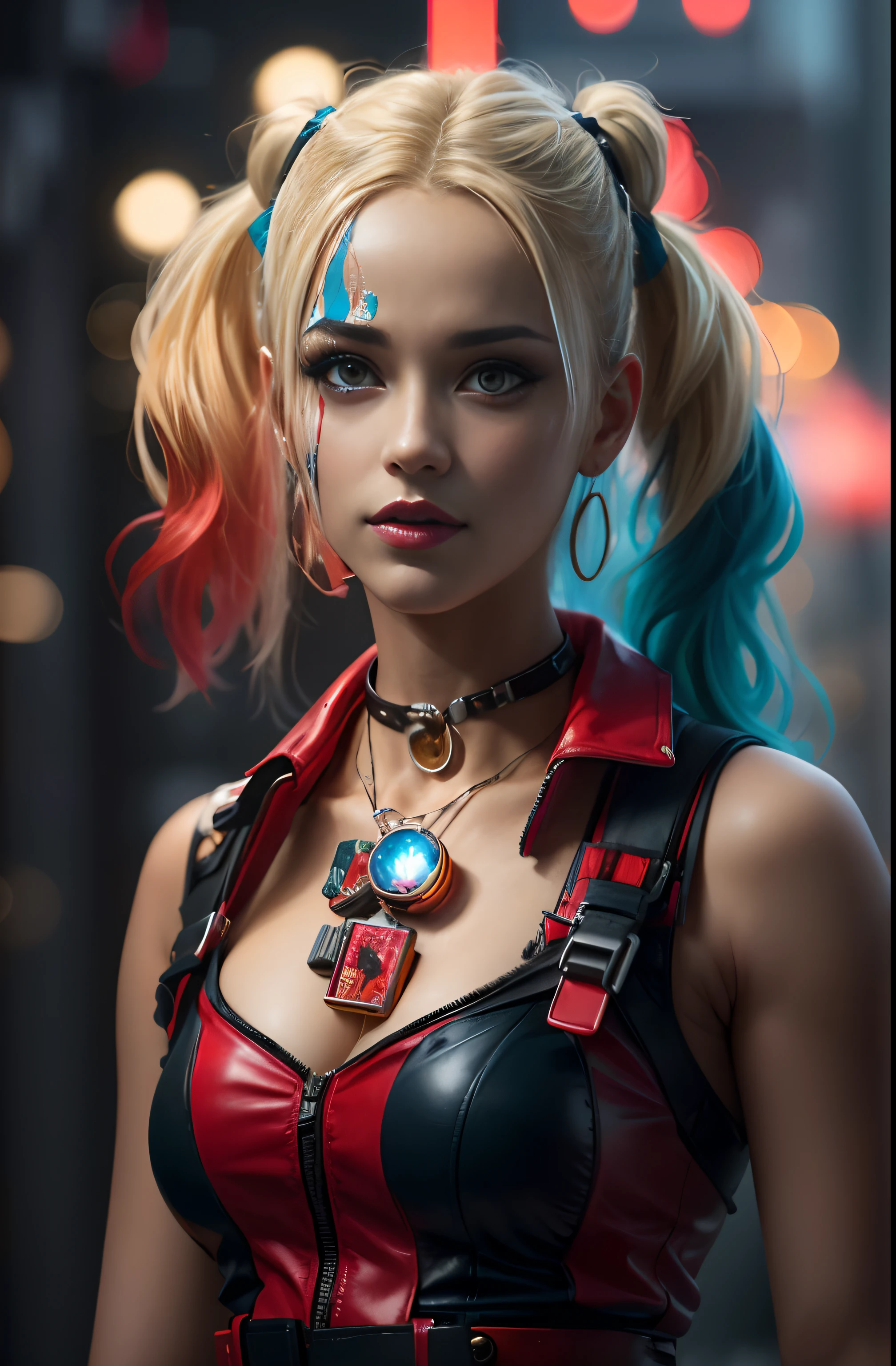 harley quinn cosplayed in a leather outfit with blue and red hair, portrait of harley quinn, beautiful cyberpunk woman model, harley quinn, cosplay on black harley queen, of harley quinn, cyberpunk 2 0 y. o model girl, cyberpunk beautiful girl, 8k artgerm bokeh, cyberpunk style , hyperrealistic, harley queen, hyper-realistic cyberpunk style Torii, Infinite Length of the Universe, Infinite Galaxy, Dangerous Black Hole, Exploding Supernova, Floating Star, Infinite Staircase, Starry Nebula, Disturbing Movie Atmosphere, Negative Dark Mode, Matrix Atmosphere, Cloud Storm Swirling Digital Code