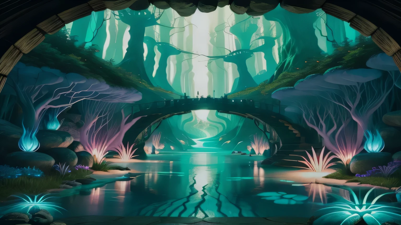 Fantastic forest painting with bridge and waterfall, wakfu colors + symmetry, background artwork, background art, colorful concept art, anime scenery, anime background art, anime countryside scenery, anime sceneryのコンセプトアート, dreamy psychedelic anime, lush exotic landscape, anime scenery wallpaper, colorful anime movie background, fantastic screenshot art, anime nature wallpapers, anime background。fluorescent mushrooms。Landscape like Nausicaa of the Valley of the Wind。high quality。vivid contrast。vivid flowers。A waterfall flowing。fantastic forest。