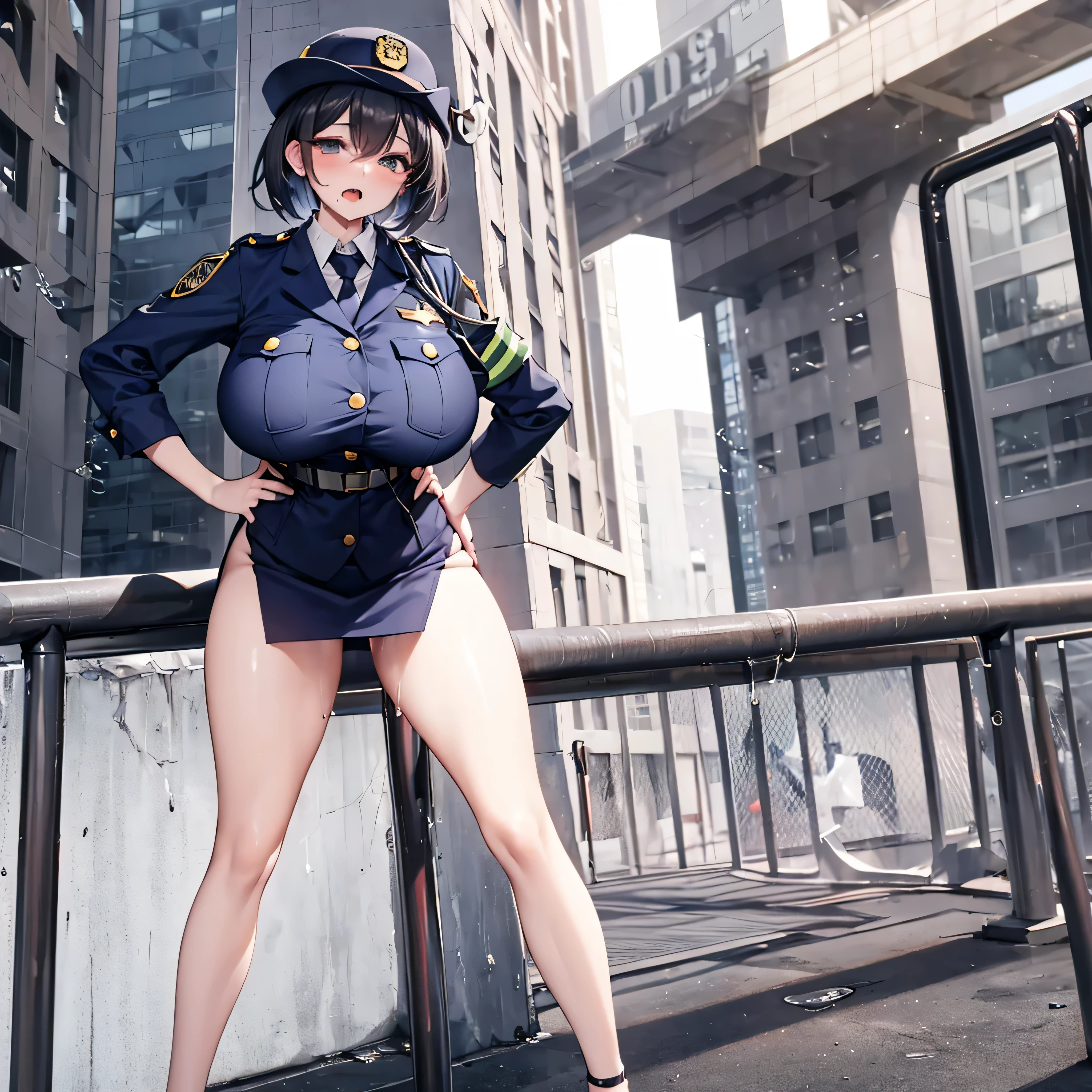 (solo:1.3), (1 policewoman), police uniform, very tight miniskirt, thigh gap, stiletto heels, narrow shoulders, (bursting disproportionately huge breasts:1.2), narrow waist, (slim hip), (skinny long legs), short hair, open legs, pigeon toed, right hand on hip, (orgasm), pussy juice dripping down between thighs