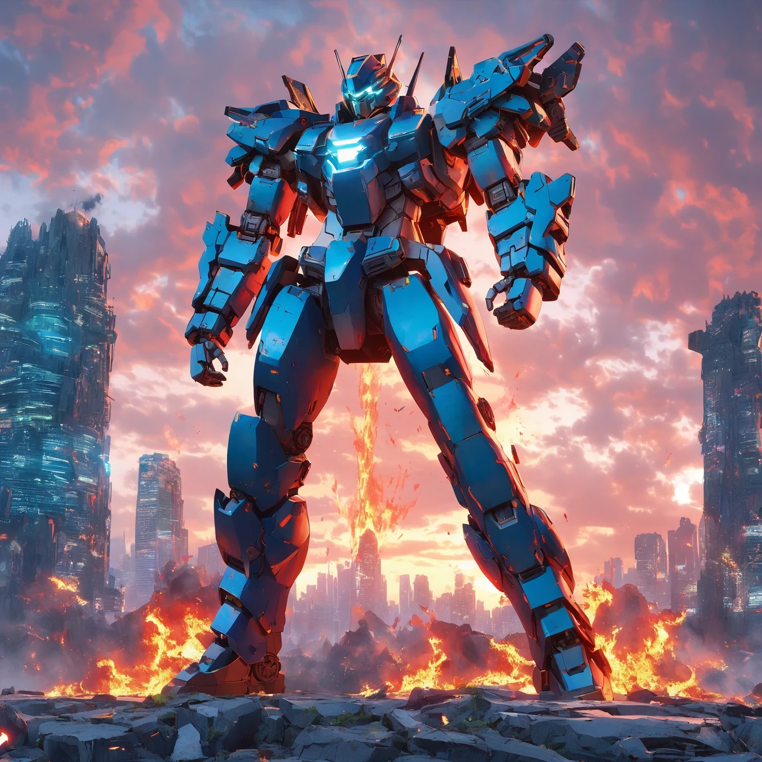 diy6,In a future city on the Pacific coast, towering skyscrapers and neon lights complement each other. The mecha warrior stands in the center of the city, with an overall style reminiscent of the setting in the Pacific Rim movie, blending cyberpunk aesthetics and massive proportions. The entire body is covered with advanced weapons and armor, adorned with neon colors. This mechanical giant is the hope of the future and the guardian of human invasion of extraterrestrial space. It emits industrial miracles and sci-fi landscapes, as if it is a technological terror in a cross dimensional war. Standing on the ruins of the apocalypse, gazing at the deep red sky, its eyes sparkle with fiery light, emitting deafening roars, displaying unstoppable power and lava like anger.